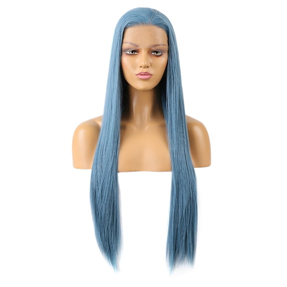 Unique Bargains Lace Front Wigs for Women 24" Sea Blue Long Straight Hair with Wig Cap