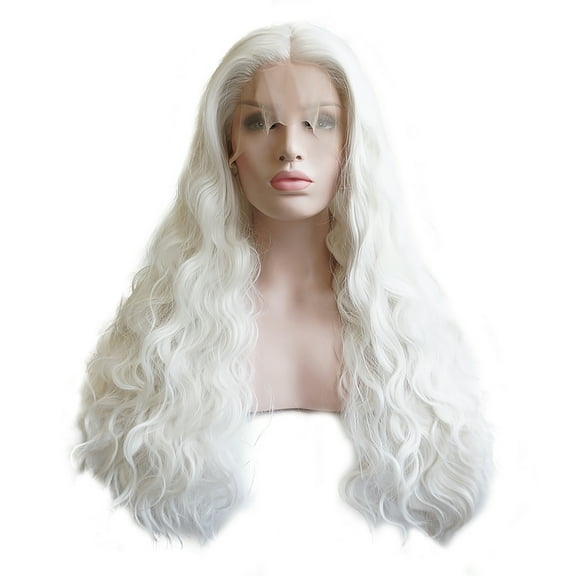 Unique Bargains Lace Front Wigs for Women 24" White Long Fluffy Curly Wavy with Wig Cap