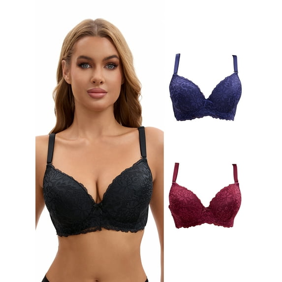Unique Bargains Lace Push Up Bras 3 Pcs C 36 Blue/Wine Red/Black