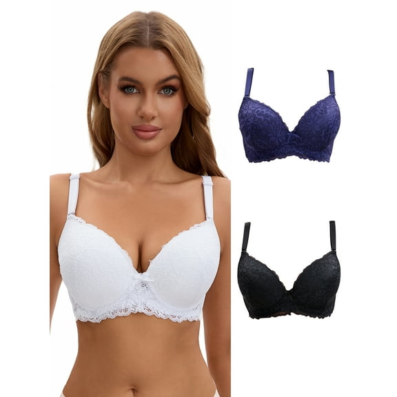 Unique Bargains Lace Push Up Bras 3 Pcs C 38 Blue/White/Black