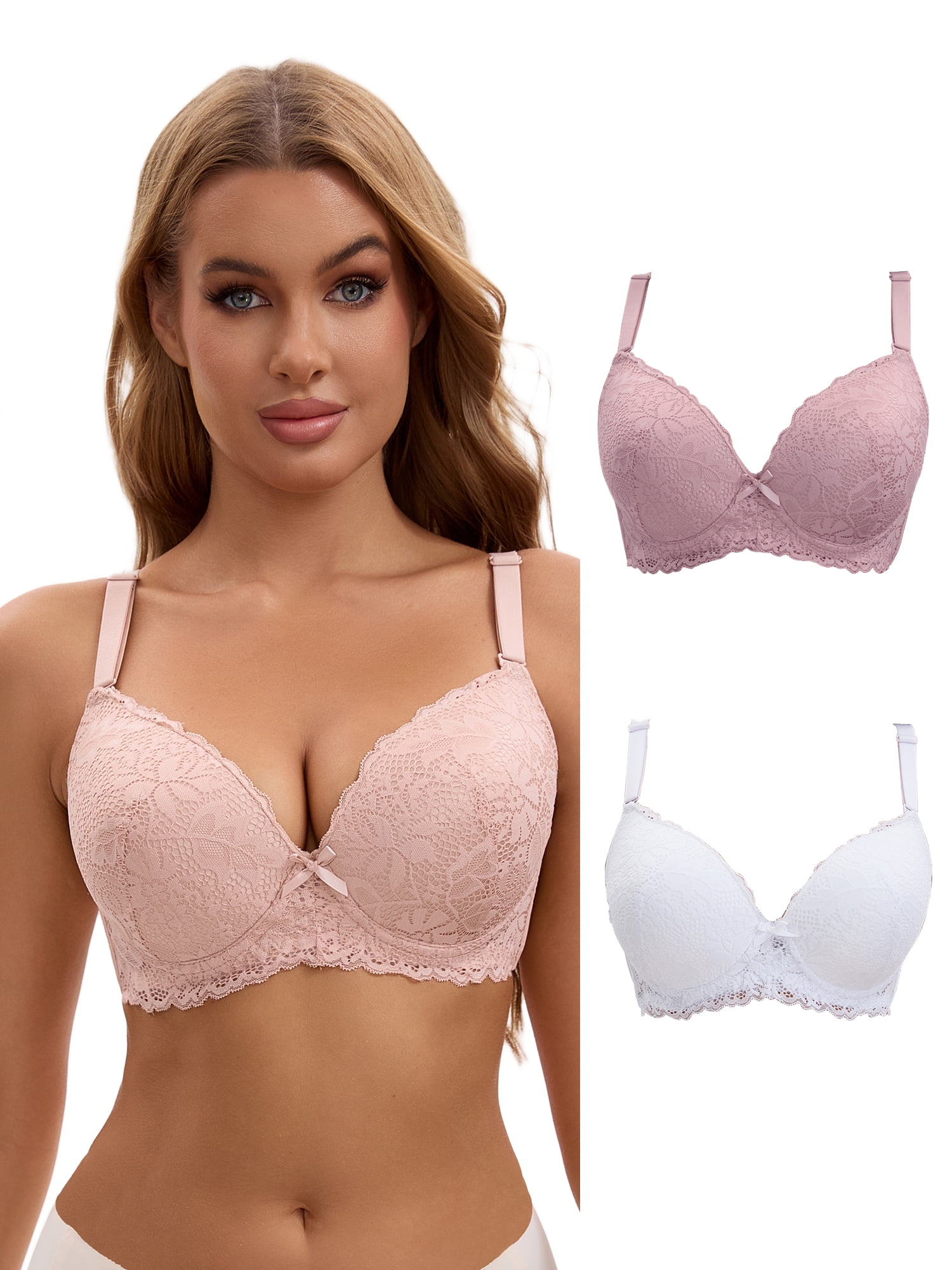Unique Bargains Lace Push Up Bras 3 Pcs C 48 Beige/Pink/White