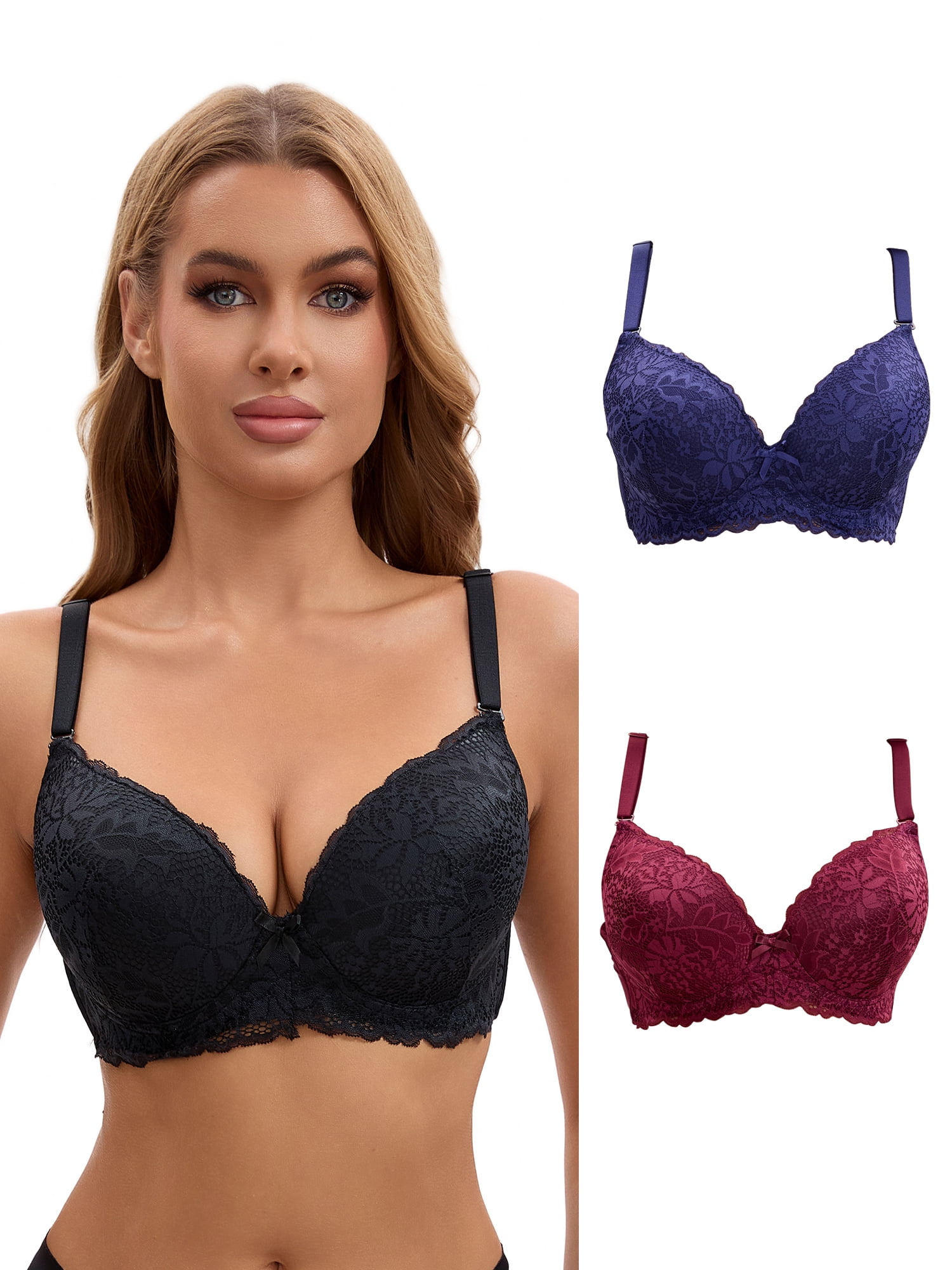 Unique Bargains Lace Push Up Bras 3 Pcs D 36 Blue/Wine Red/Black