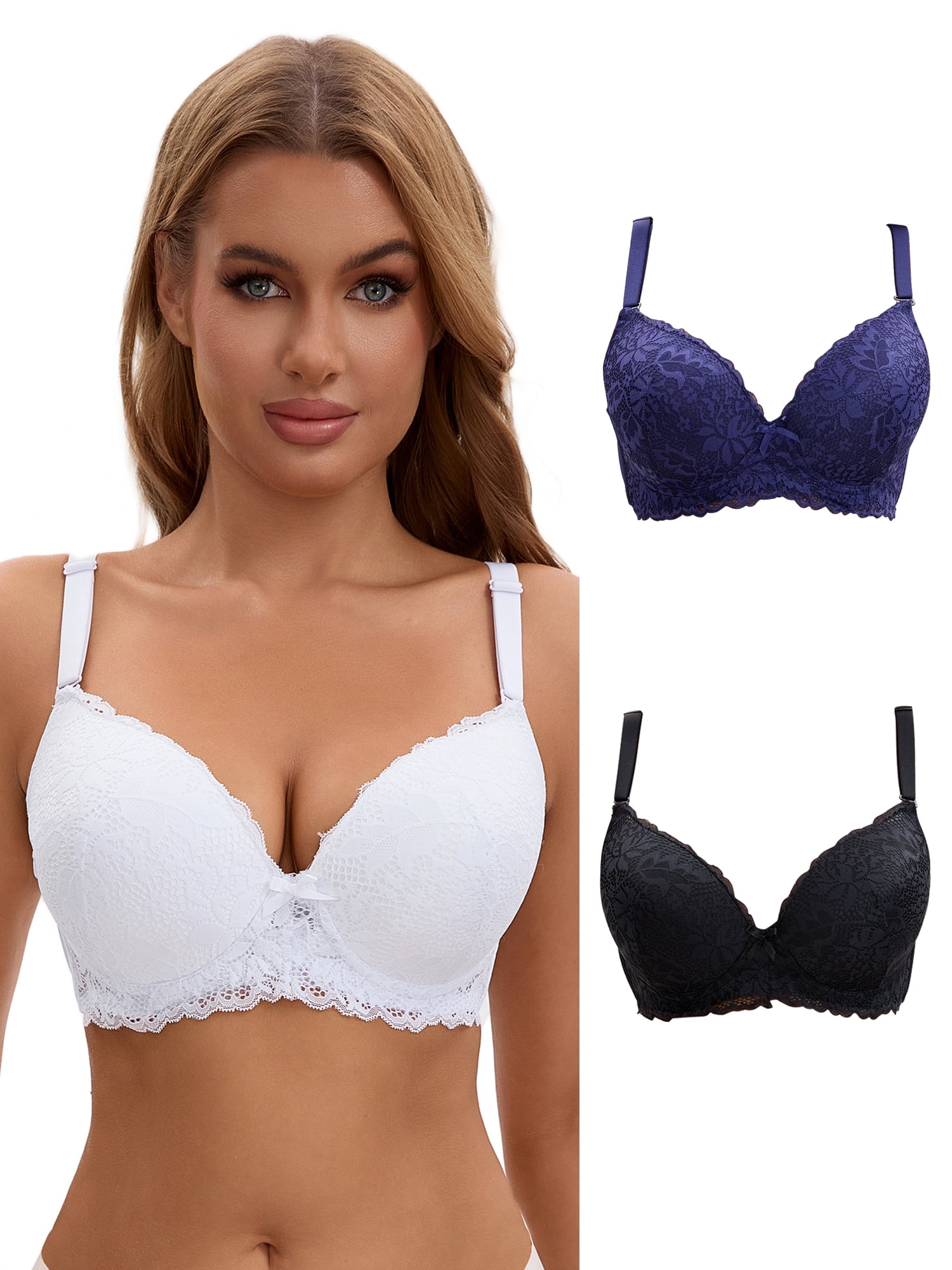 Unique Bargains Lace Push Up Bras 3 Pcs D 42 Blue/White/Black