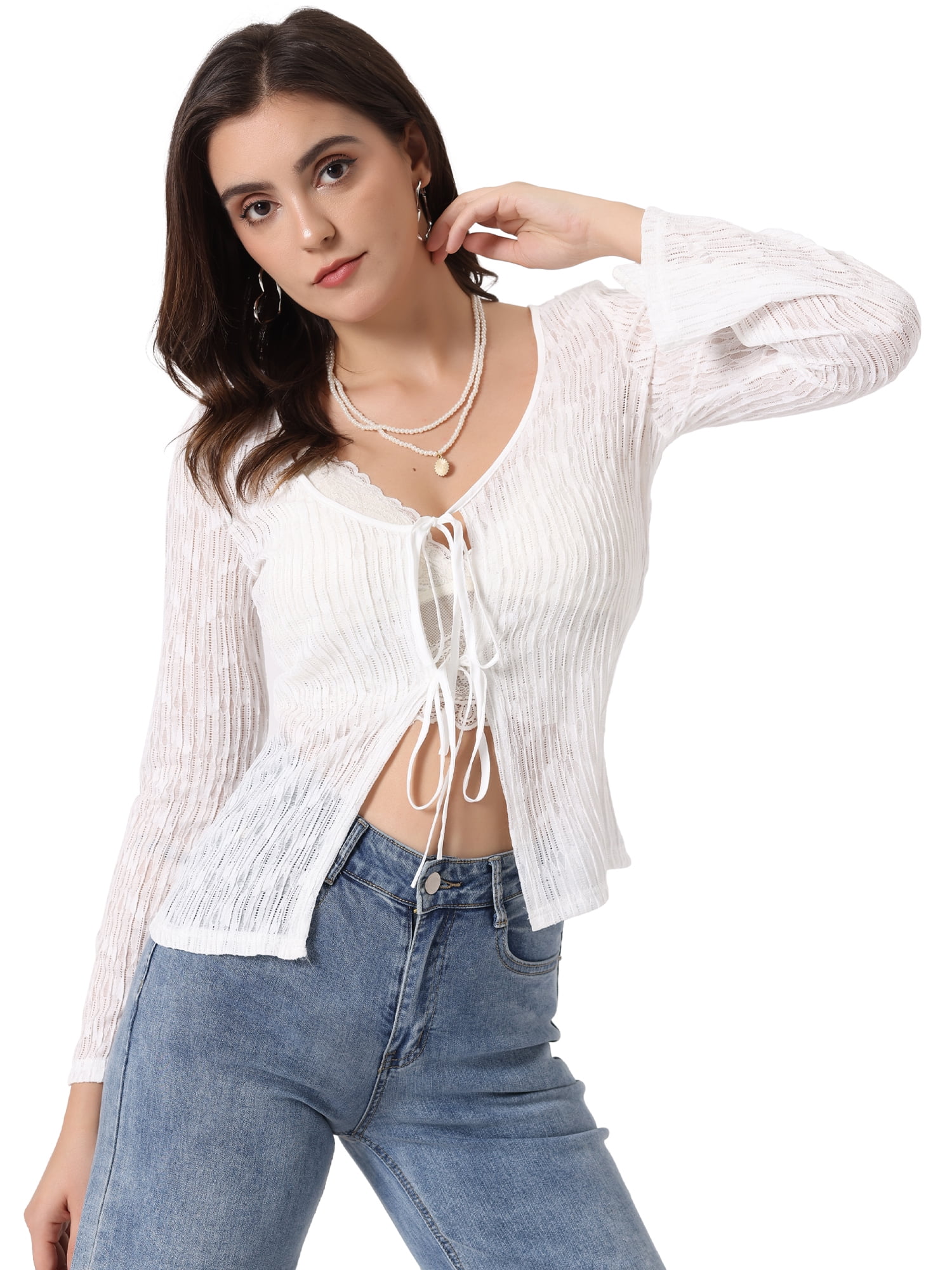 Unique Bargains Women's Tie Front Bell Long Sleeve Bolero Cardigan Shrug  M White