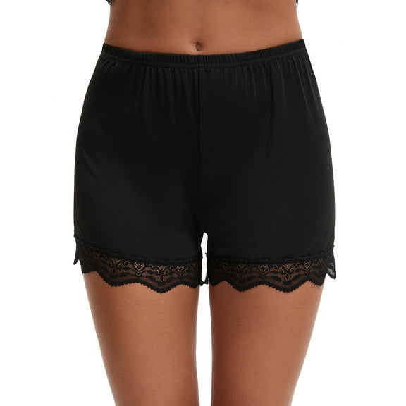 Unique Bargains Lace Trim Mid-Waist Loose Slip Shorts for Women M Black