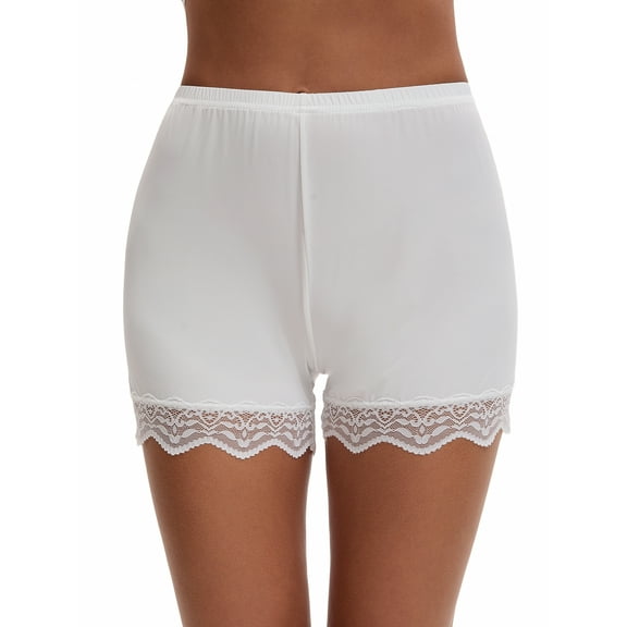 Unique Bargains Lace Trim Mid-Waist Loose Slip Shorts for Women M White