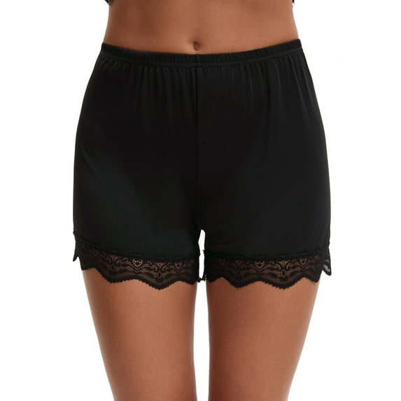 Unique Bargains Lace Trim Mid-Waist Loose Slip Shorts for Women XL Black