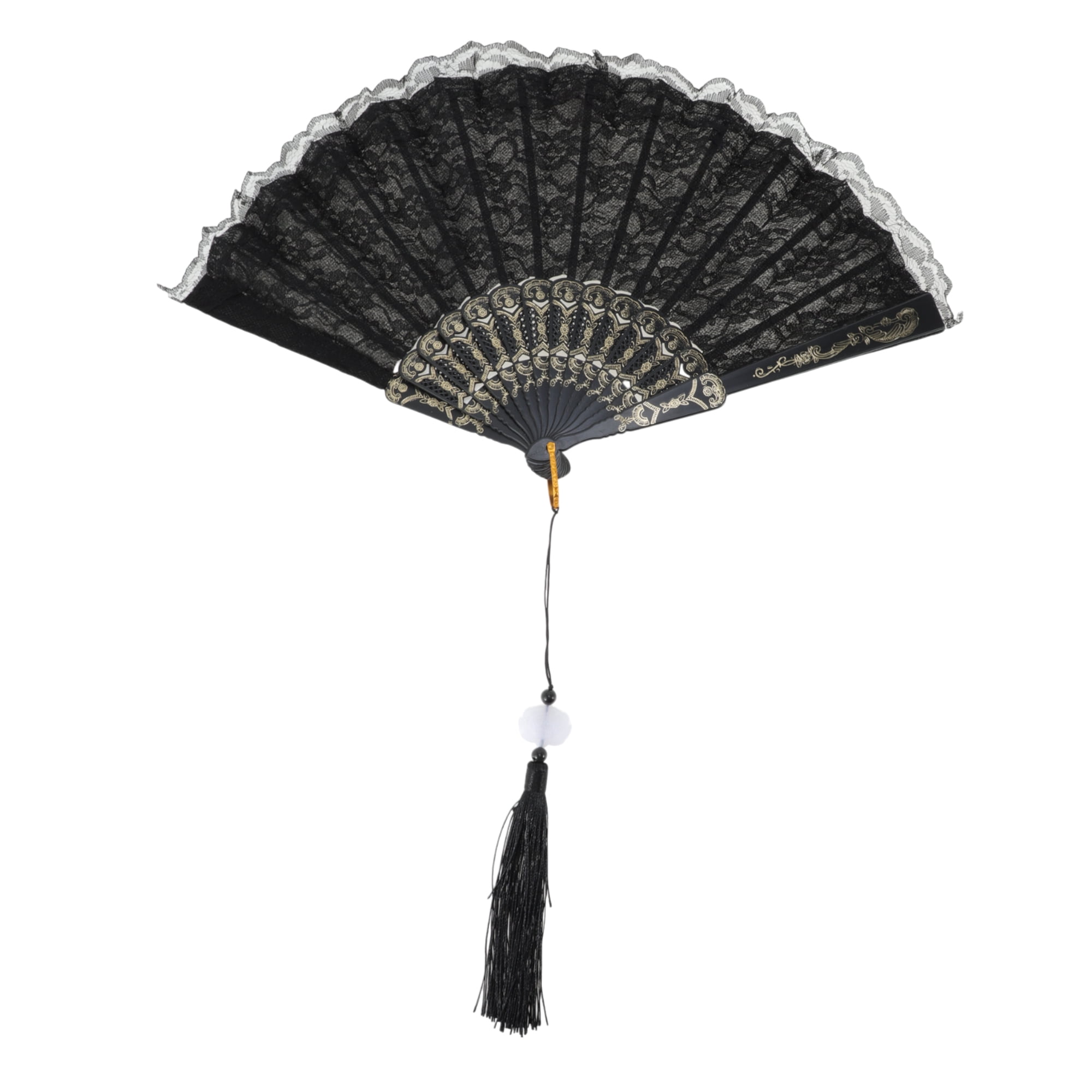 Unique Bargains Lace Trim Orchid with Tassel Folding Fan 1 Pc Black ...