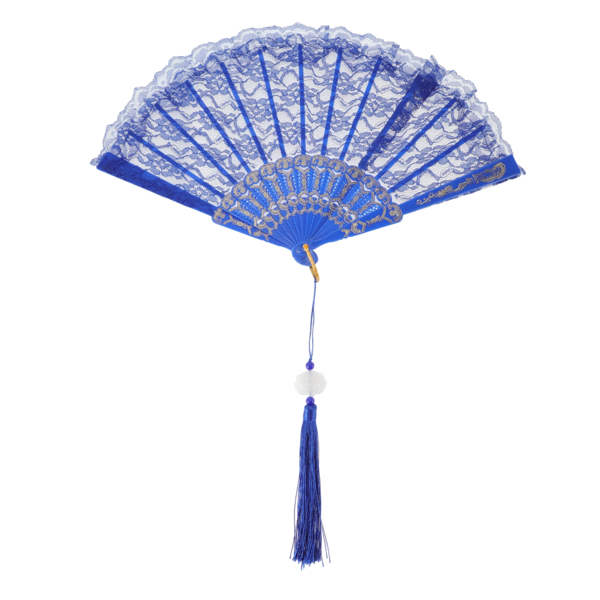 Unique Bargains Lace Trim Orchid with Tassel Folding Fan 1 Pc Blue