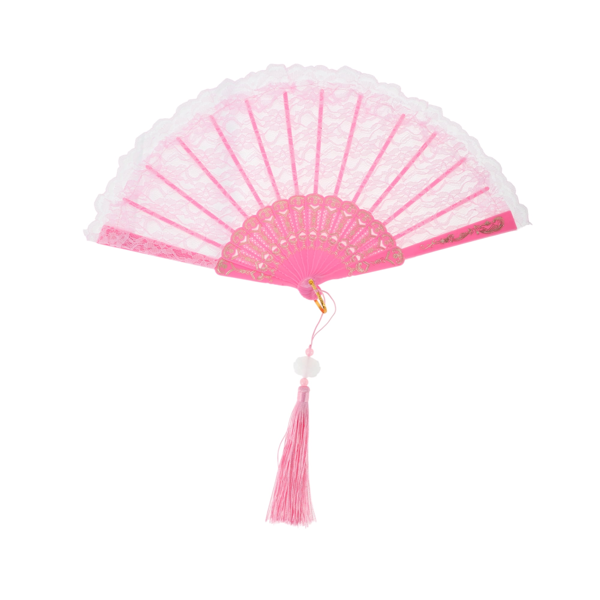 Unique Bargains Lace Trim Orchid with Tassel Folding Fan 1 Pc Pink