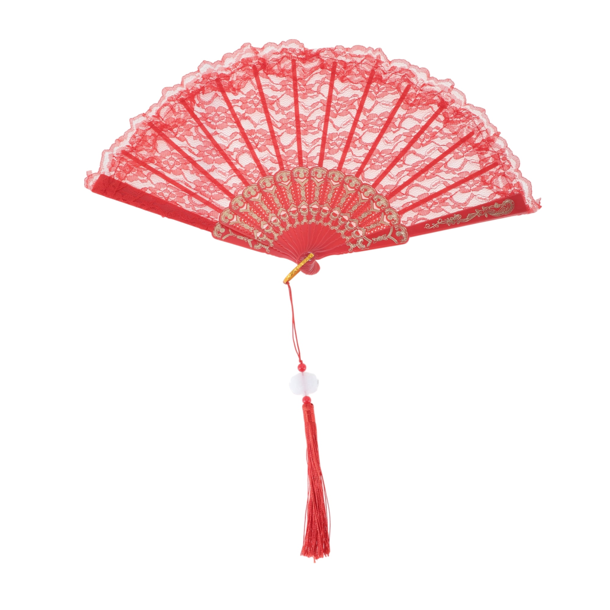 Unique Bargains Lace Trim Orchid with Tassel Folding Fan 1 Pc Red