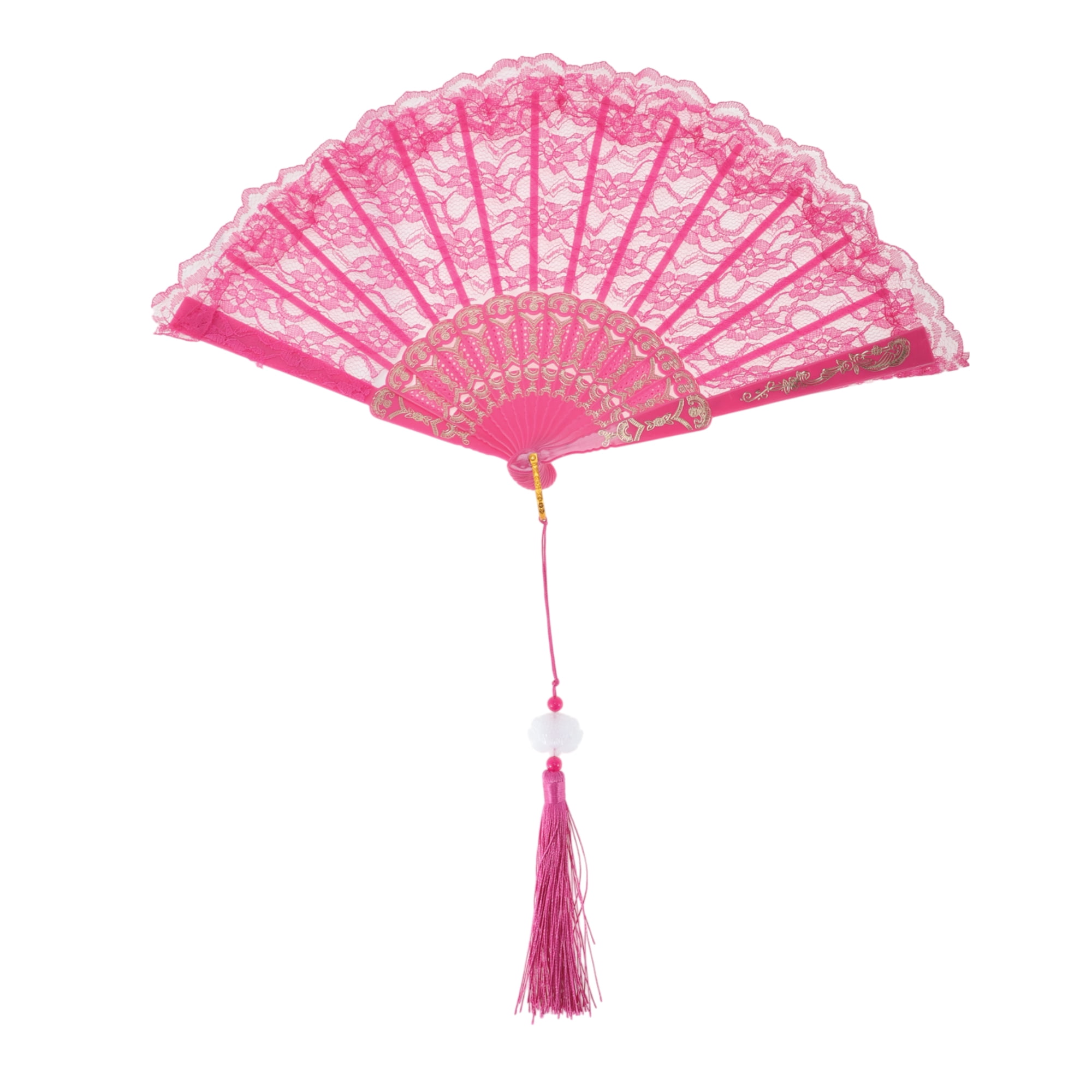 Unique Bargains Lace Trim Orchid with Tassel Folding Fan 1 Pc Rose Red