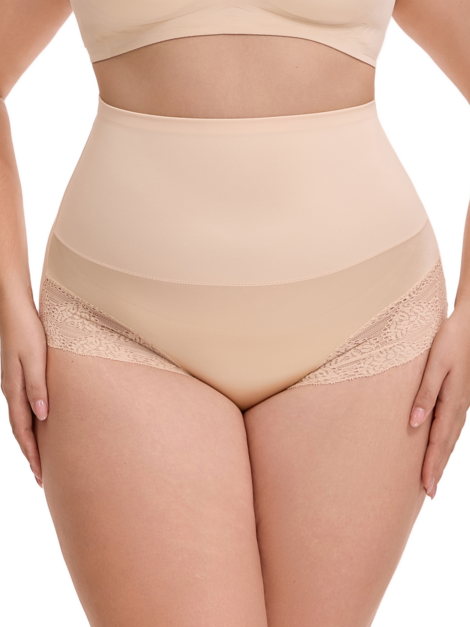 Unique Bargains Lace Trimmed High Waisted Tummy Briefs 2XL Beige