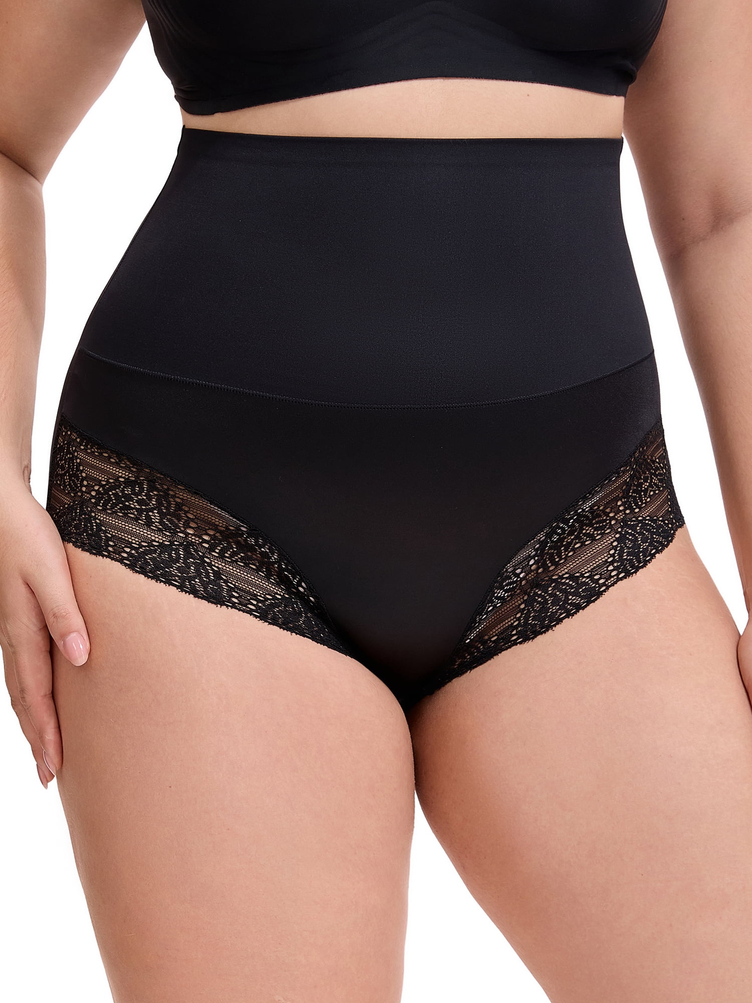 Unique Bargains Lace Trimmed High Waisted Tummy Briefs XL Black