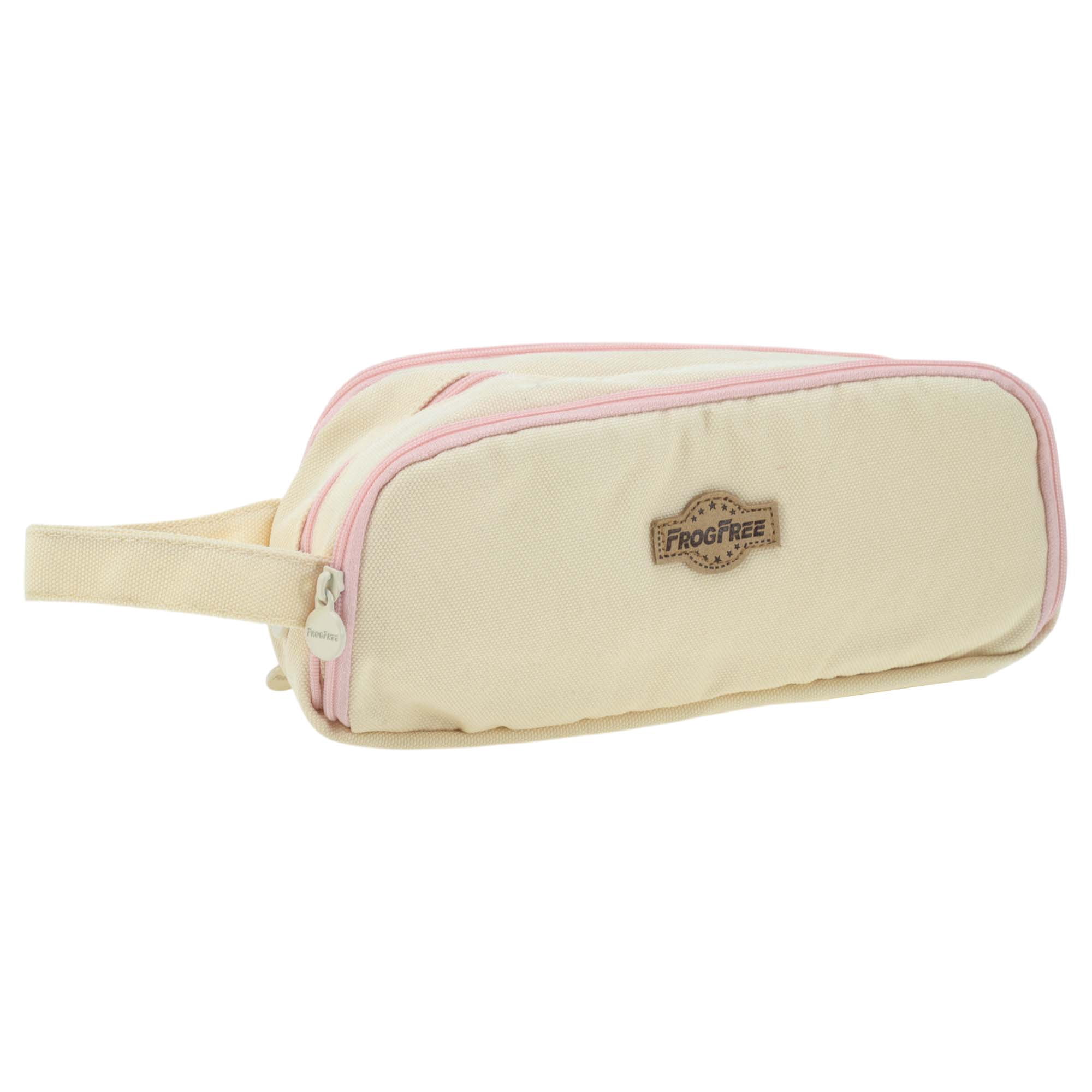 Unique Bargains Large Capacity Three-grid Stationery Bag with Zipper Handle Beige