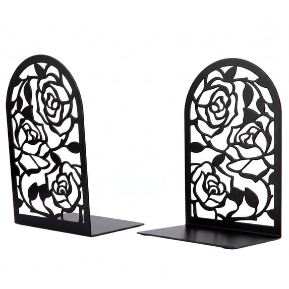Unique Bargains Large Flower Design Floral Metal Bookends Black Style A 4.7"x3.2"x7.3"