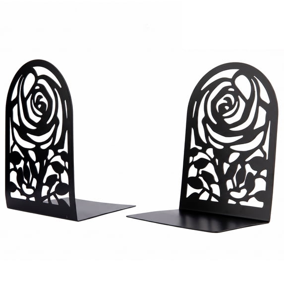 Unique Bargains Large Flower Design Floral Metal Bookends Black Style B 4.7"x3.2"x7.3"
