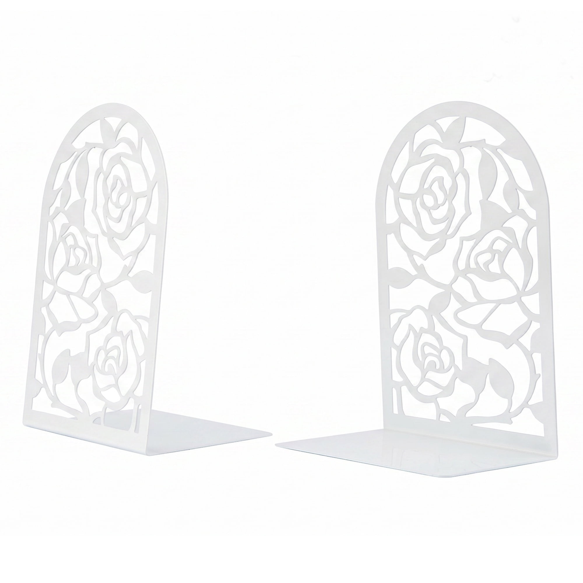 Unique Bargains Large Flower Design Floral Metal Bookends White Style A 4.7"x3.2"x7.3"