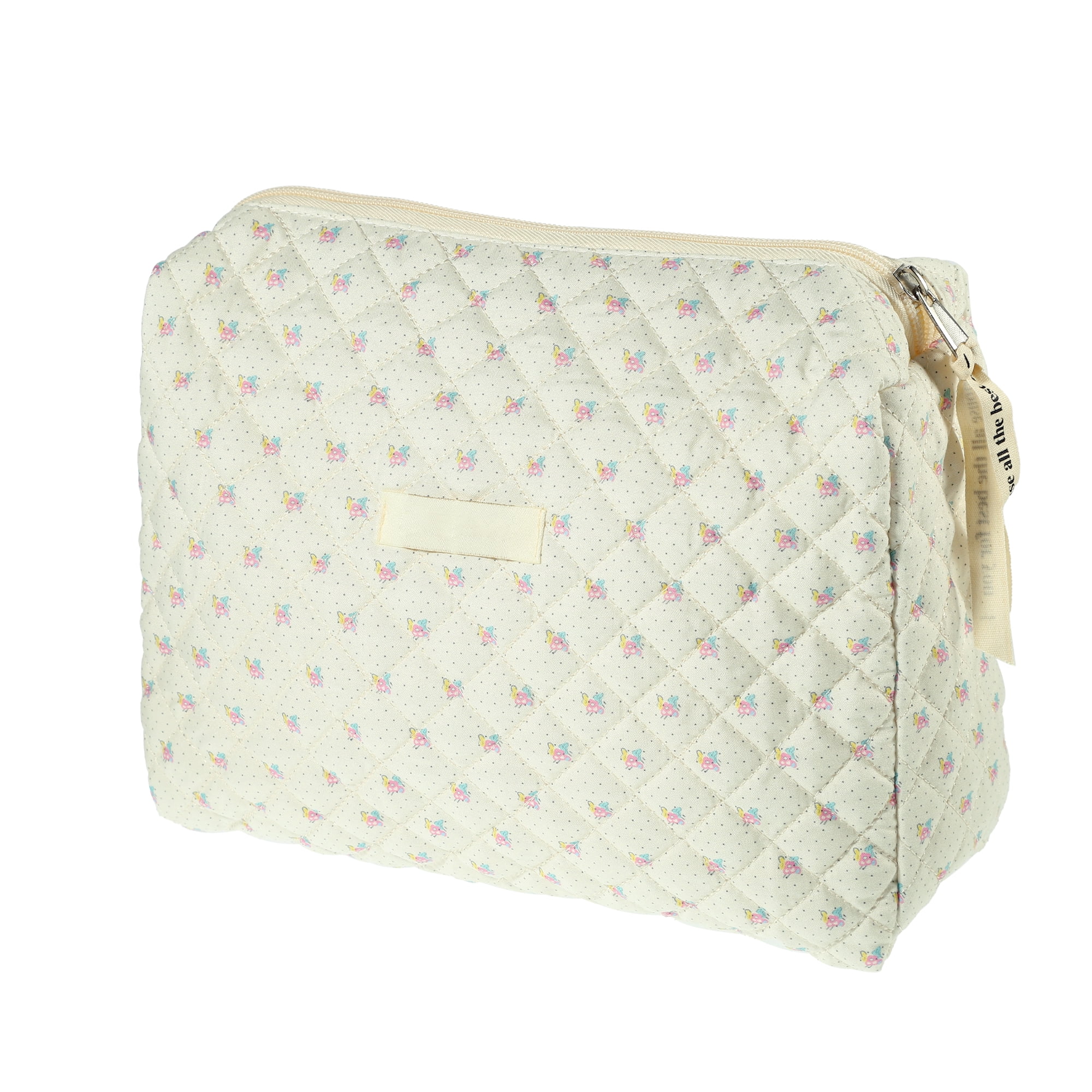 Unique Bargains Large Travel Cosmetic Pouch Quilted Toiletry Cotton Makeup Bag Beige