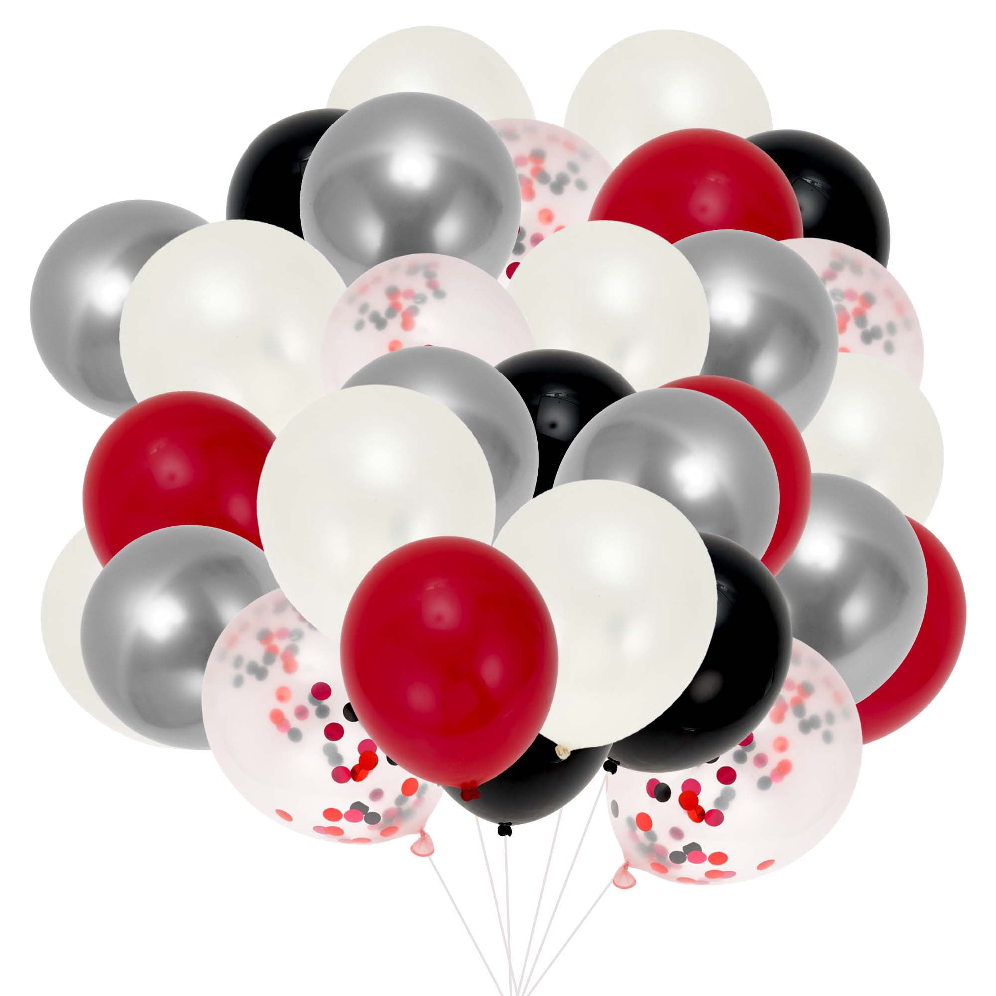 Unique Bargains Latex Party Balloons with Ribbon Red White Black Silver 12Inch 50Pcs