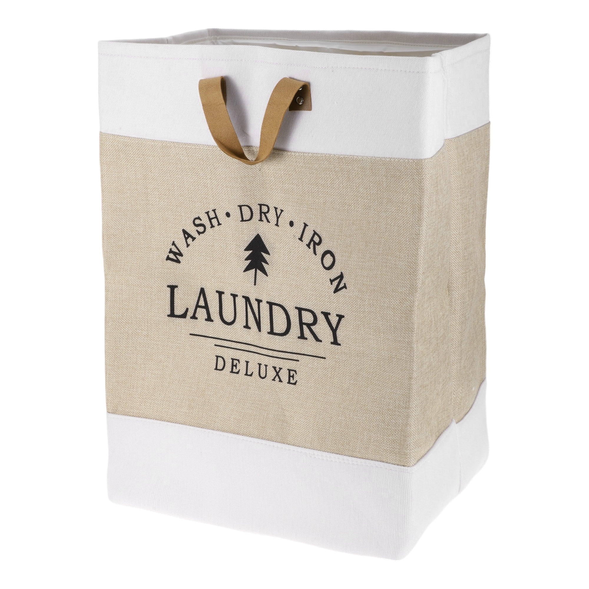 Unique Bargains Laundry Basket, Foldable Laundry Hamper with PU Handles Gray Beige