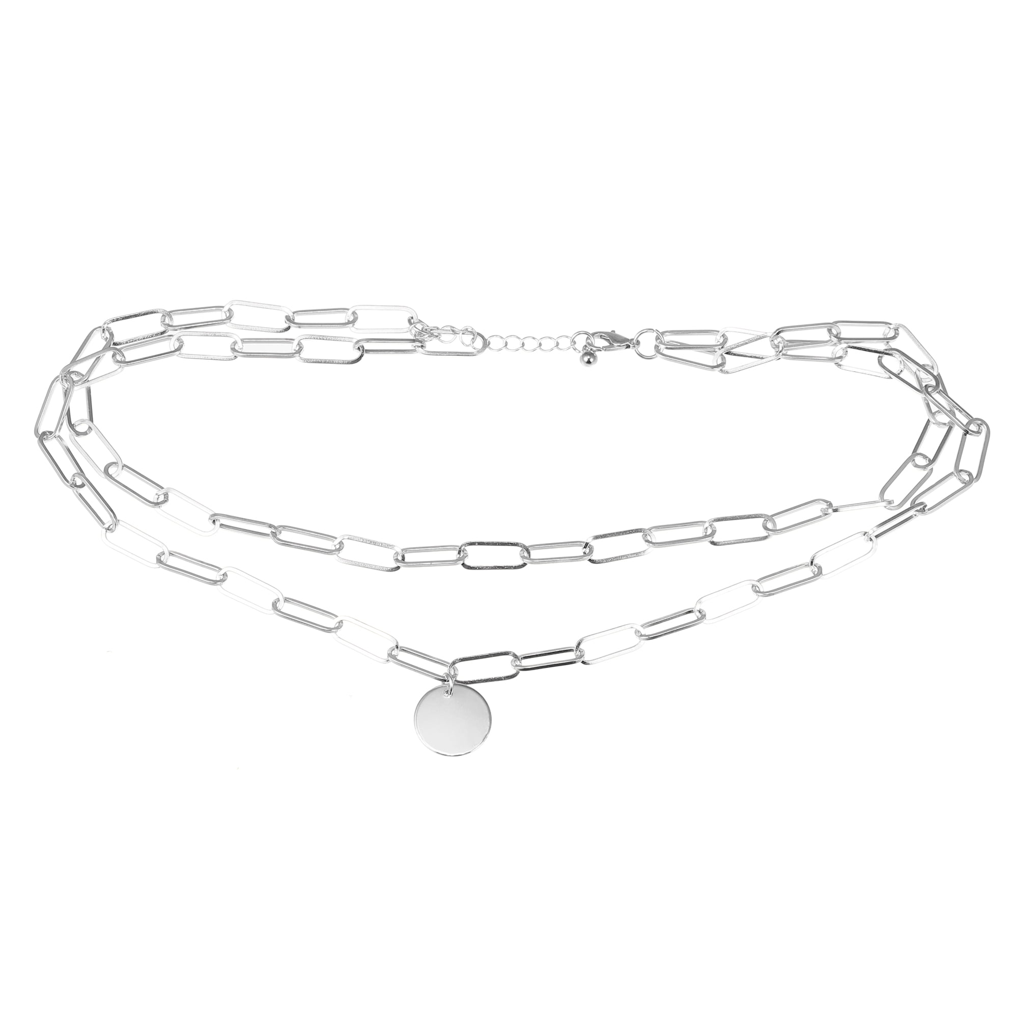 Unique Bargains Layered Disc Pendant Paperclip Link Chain Necklaces for Women Silver Tone