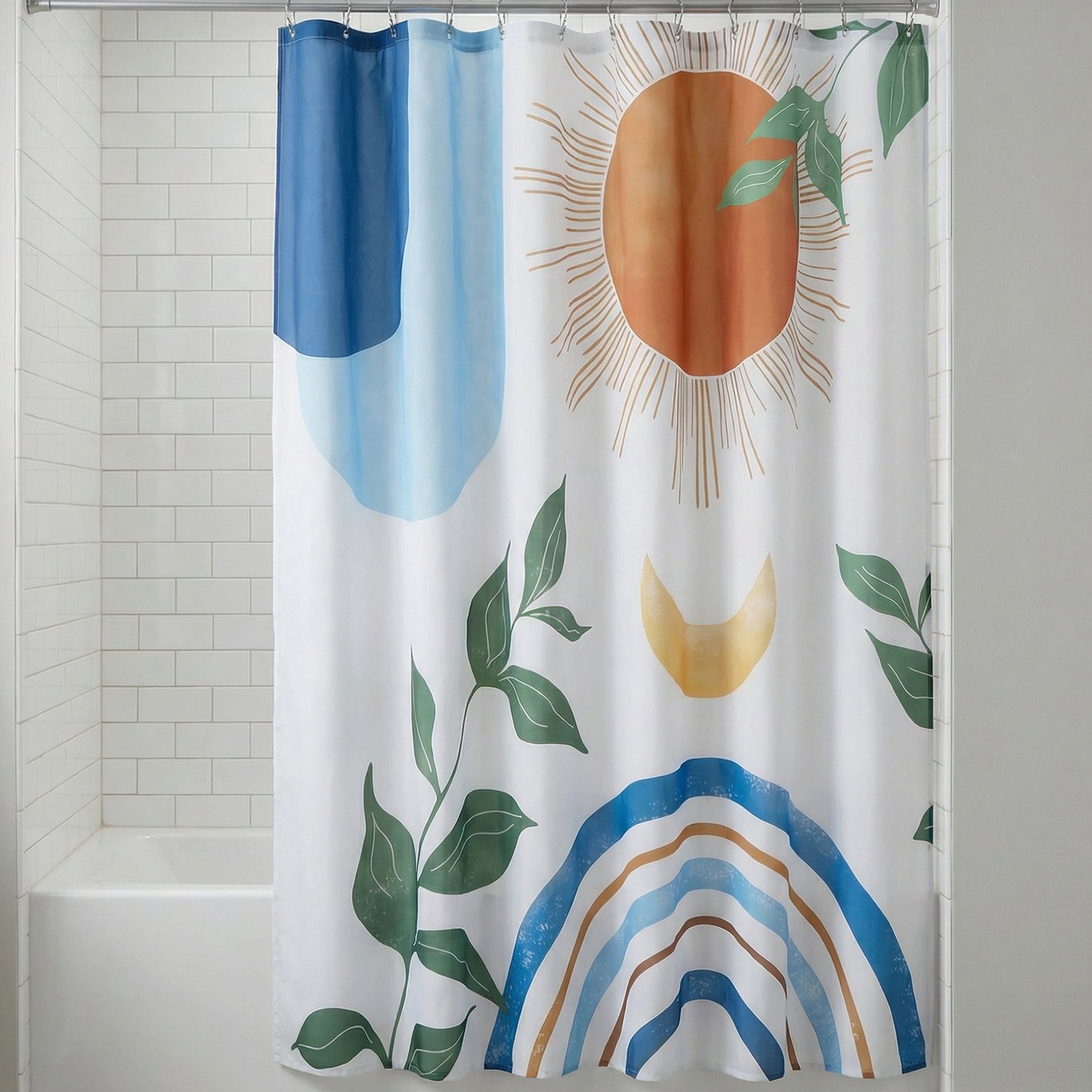 Unique Bargains Leaf Print Shower Curtain Bohemian Waterproof Set Blue Orange 71"W x 71"L