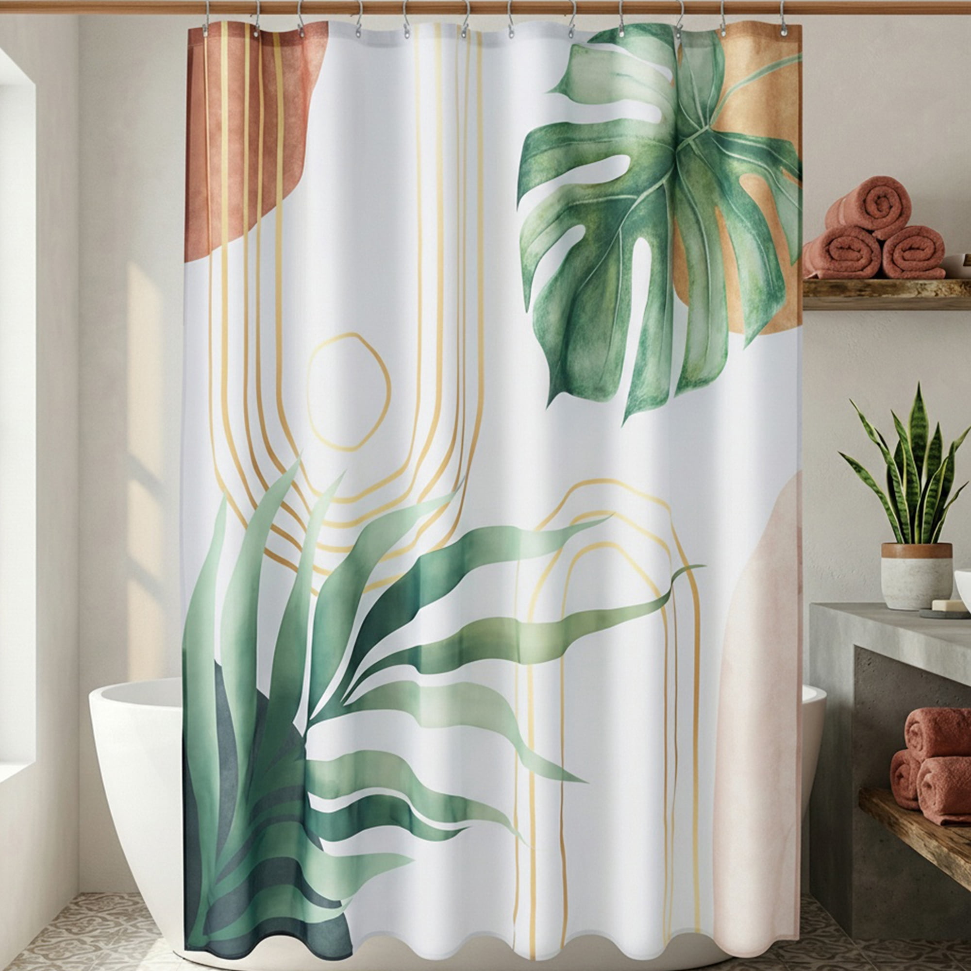 Unique Bargains Leaf Print Shower Curtain Bohemian Waterproof Set Green Gold 71"W x 71"L