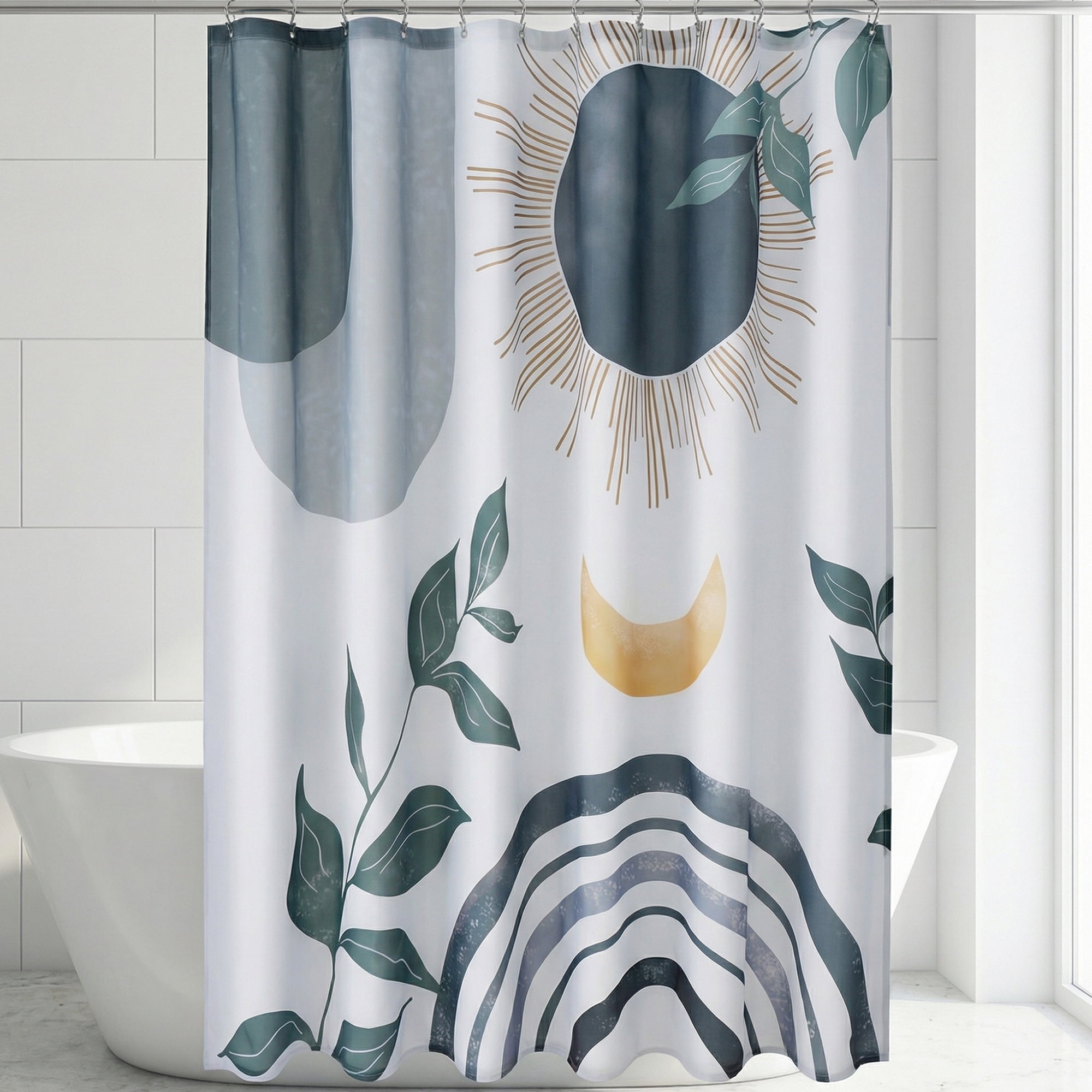 Unique Bargains Leaf Print Shower Curtain Bohemian Waterproof Set Grey Black 71"W x 71"L