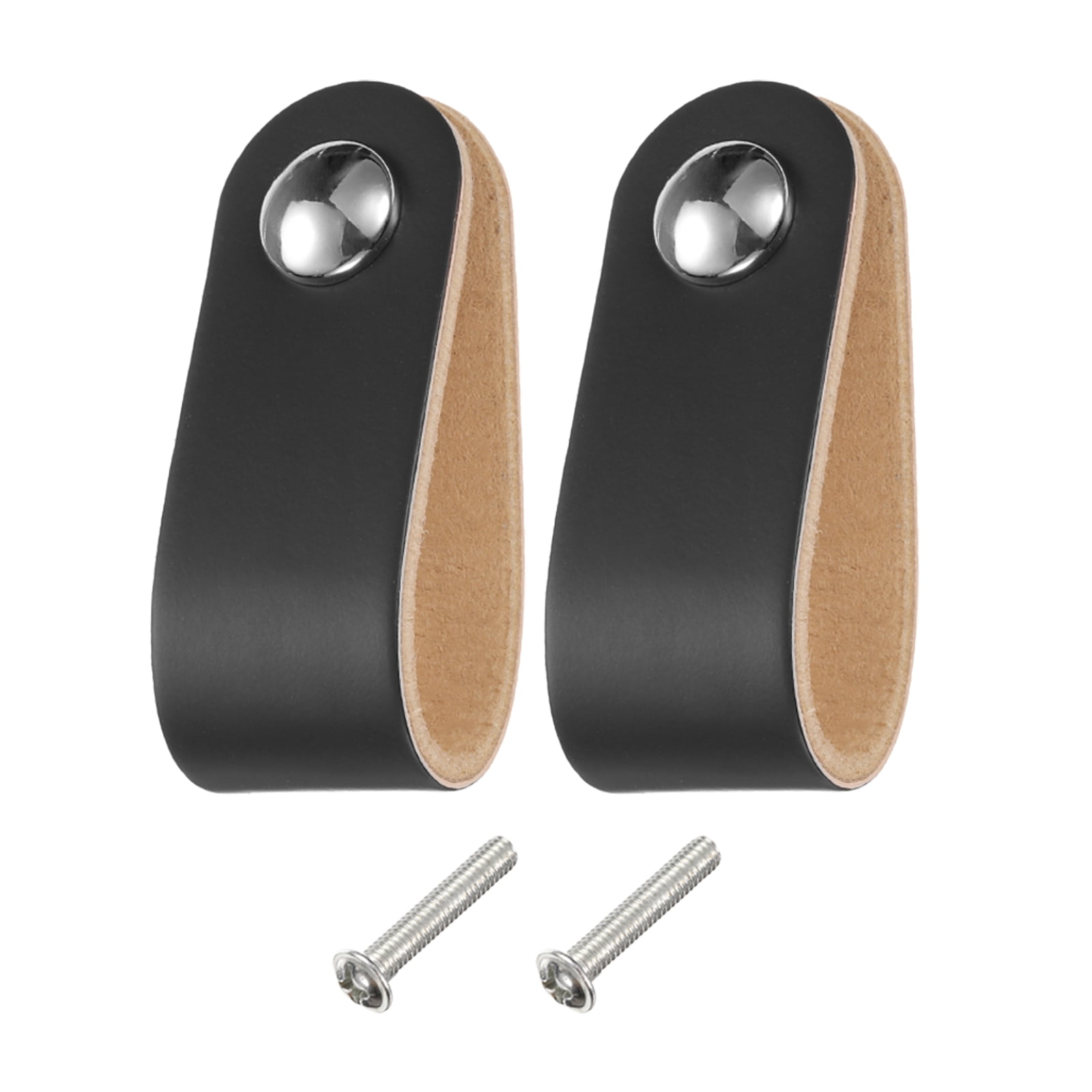 Unique Bargains Leather Drawer Pulls Single Hole Knobs Handles with Screws Black/Silver