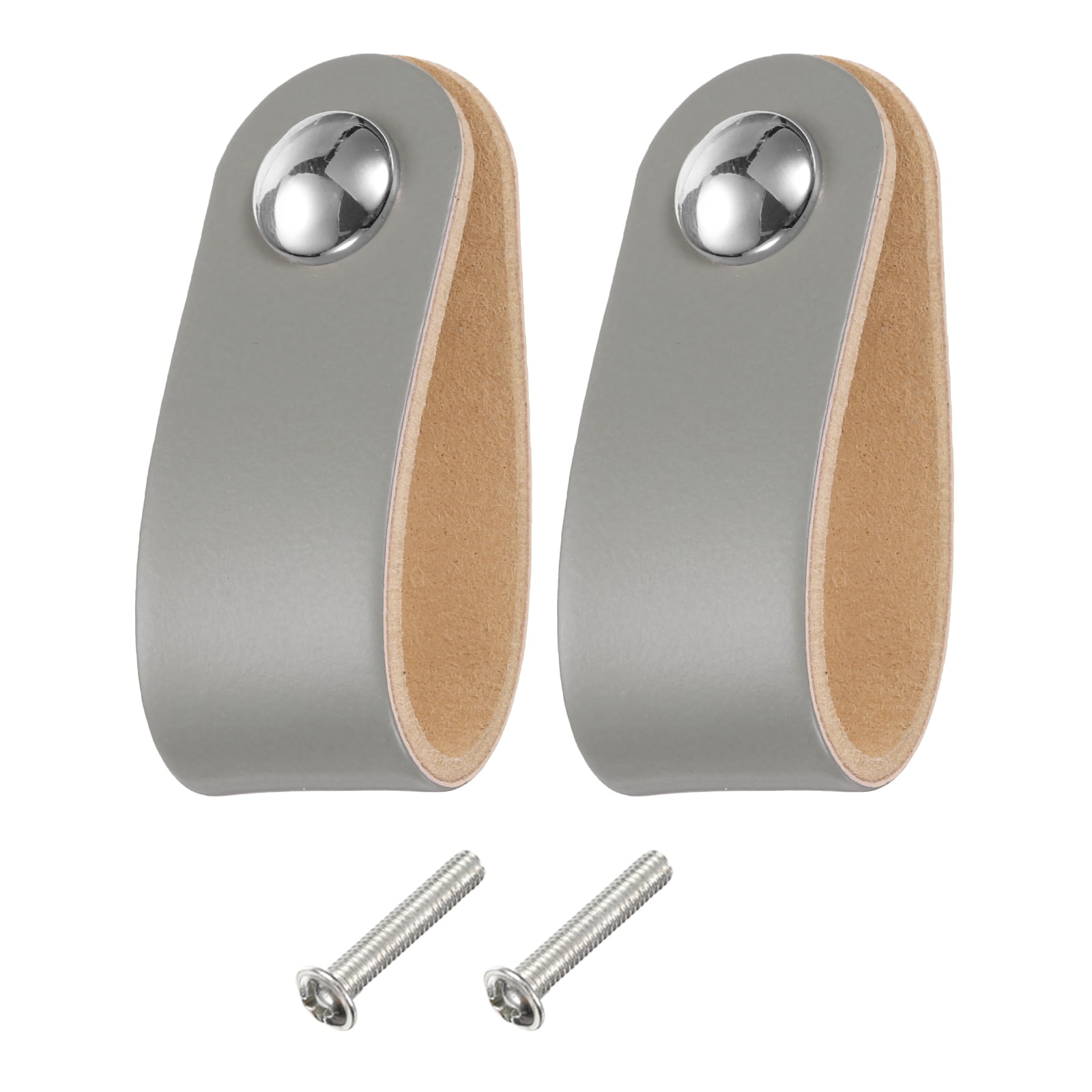 Unique Bargains Leather Drawer Pulls Single Hole Knobs Handles with Screws Grey/Silver