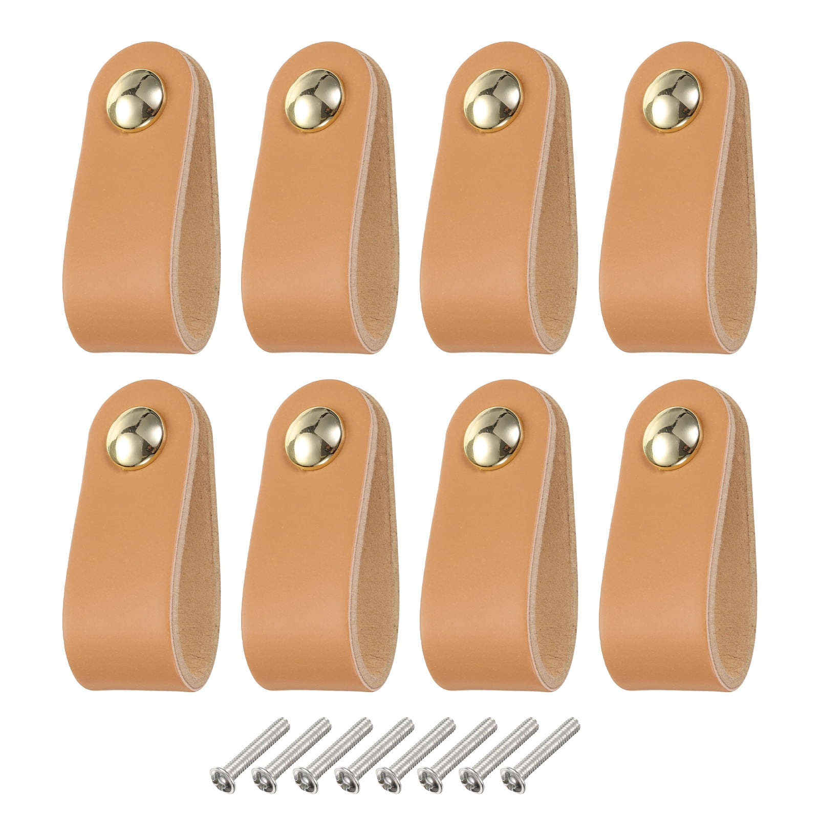 Unique Bargains Leather Pulls Single Hole Leather Drawer Knobs for Dressers Beige/Gold