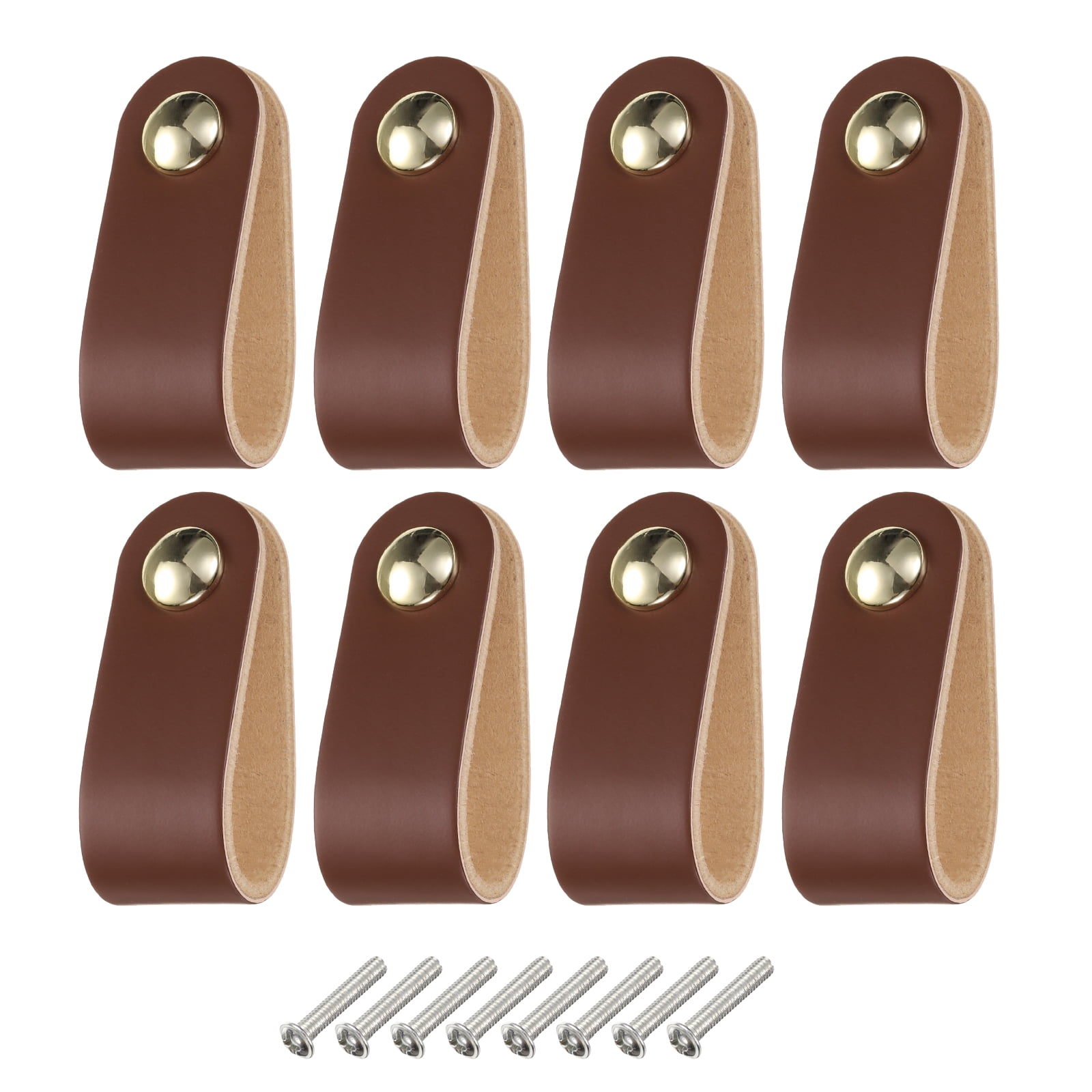 Unique Bargains Leather Pulls Single Hole Leather Knobs for Dressers Brown/Gold