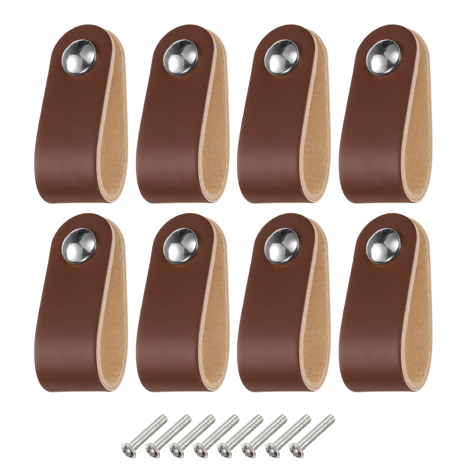 Unique Bargains Leather Pulls Single Hole Leather Knobs for Dressers Brown/Silver