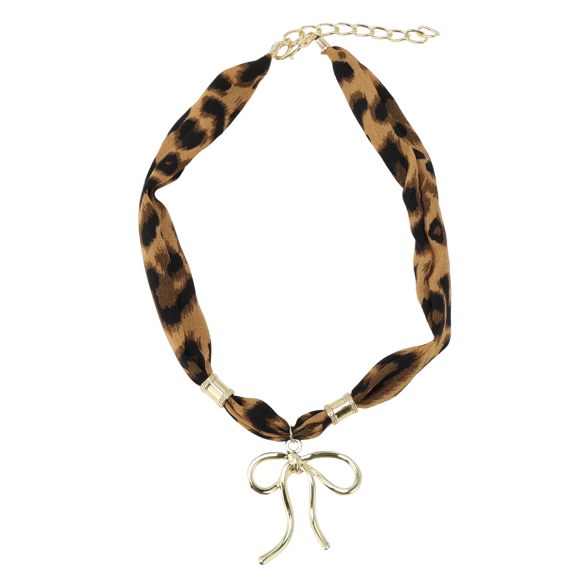 Unique Bargains Leopard Bow Scarf Necklace with Charm Adjustable Tie Brown 1 Pc