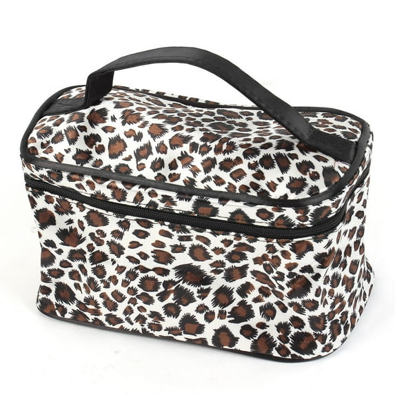 Unique Bargains Leopard Print Mirror Pockets Polyester Makeup Cosmetic Bag for Lady