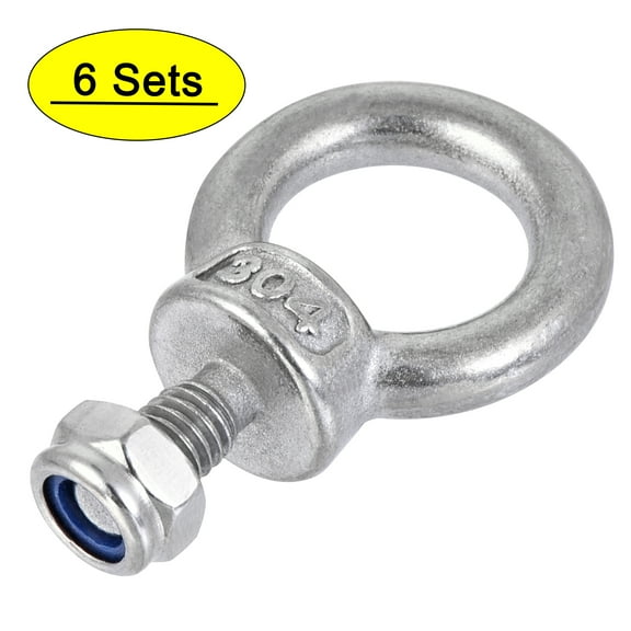 Unique Bargains Lifting Eye Bolt M6 x 12mm Male Thread with Hex Screw Nut for Hanging, Stainless Steel, 6 Sets