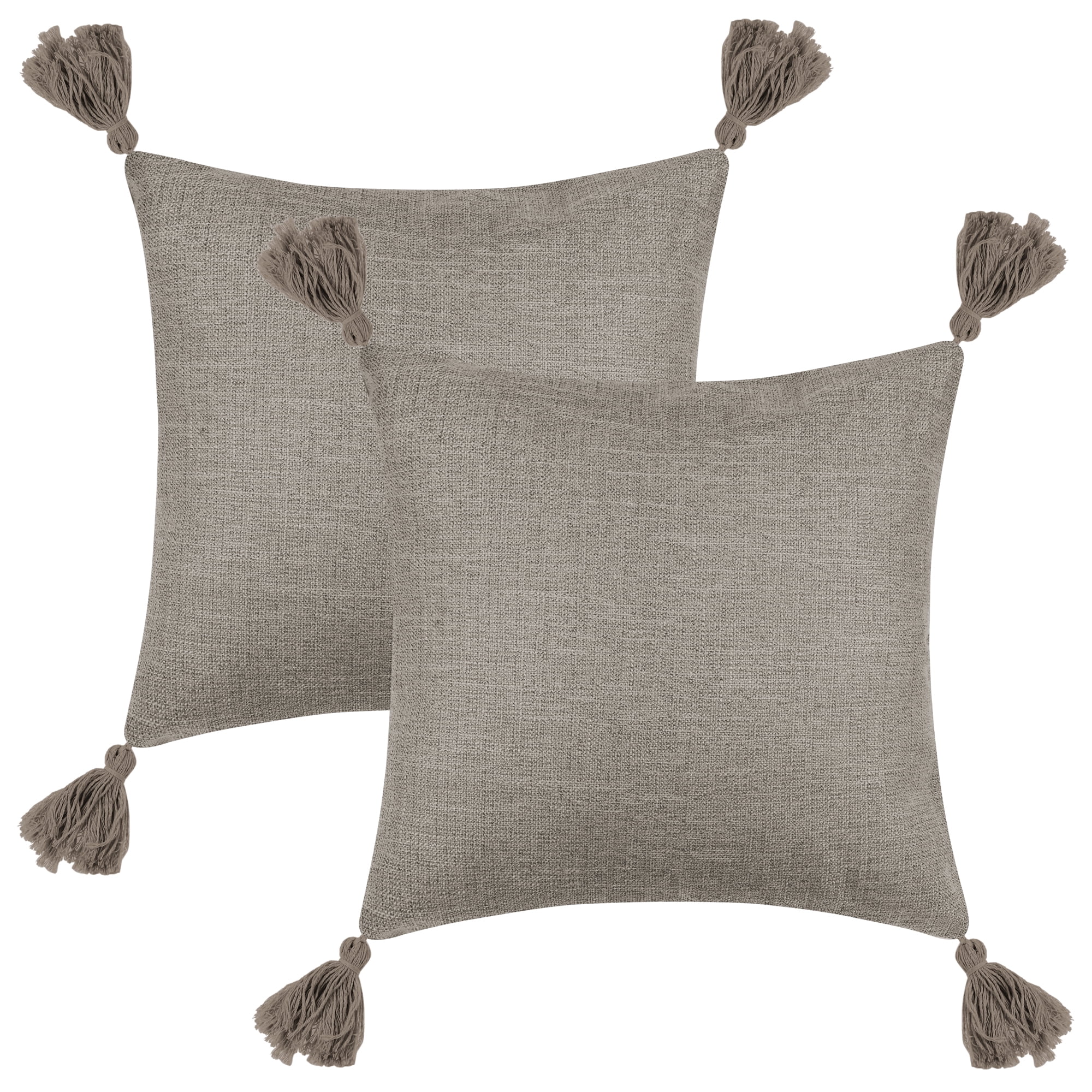 Unique Bargains Linen Fringe Cushion Cover Throw Pillow Covers with Tassel Design 2 Pcs Khaki 18" x 18"