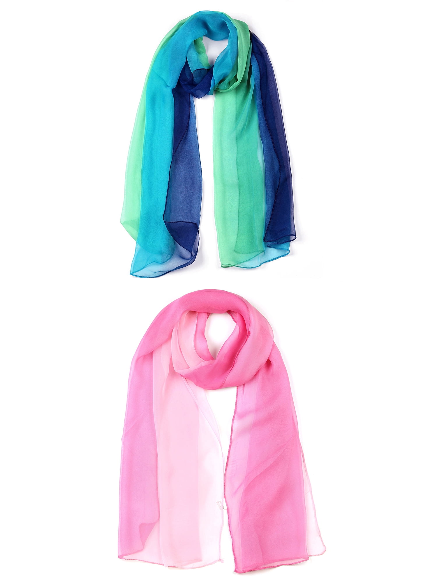 Unique Bargains Long Chiffon Lightweight Scarf Gradient Color Scarves Spring Summer for Women Blue Green / Pink 63"x19.6"
