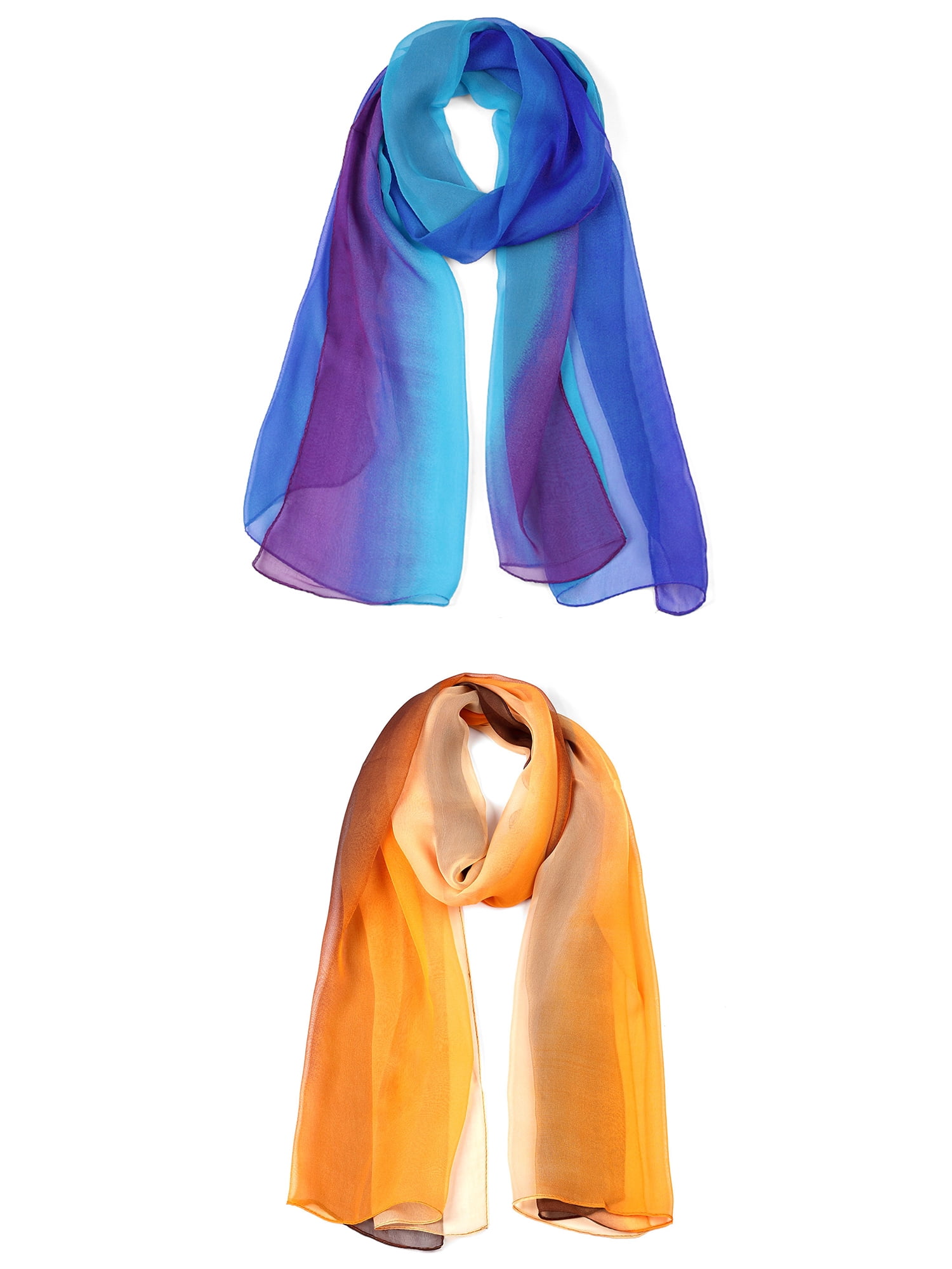 Unique Bargains Long Chiffon Lightweight Scarf Gradient Color Scarves Spring Summer for Women Royal Blue / Coffee Orange 63"x19.6"