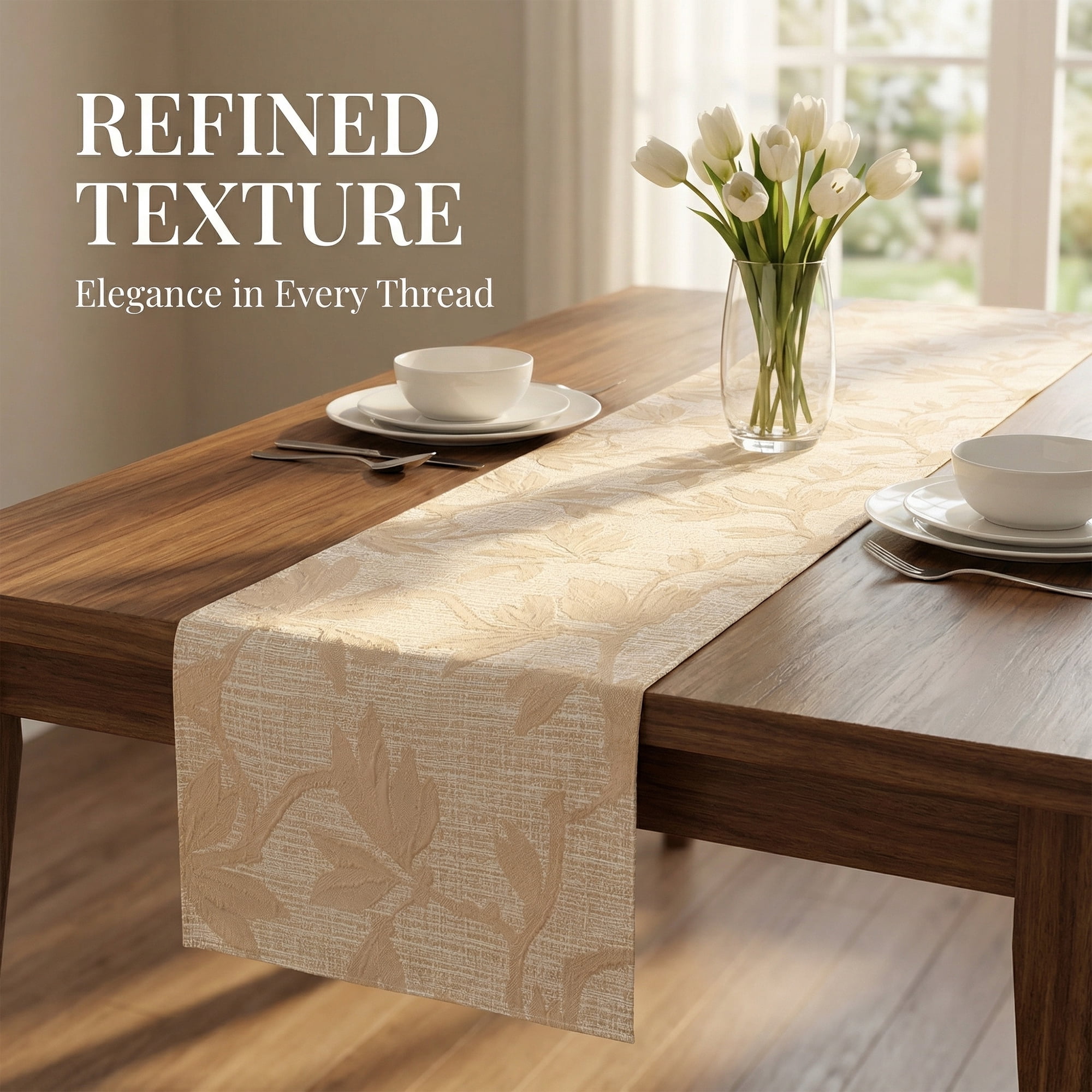 Unique Bargains Long Floral Polyester Table Runner for Kitchen Decor Beige 13.8"x106.3"