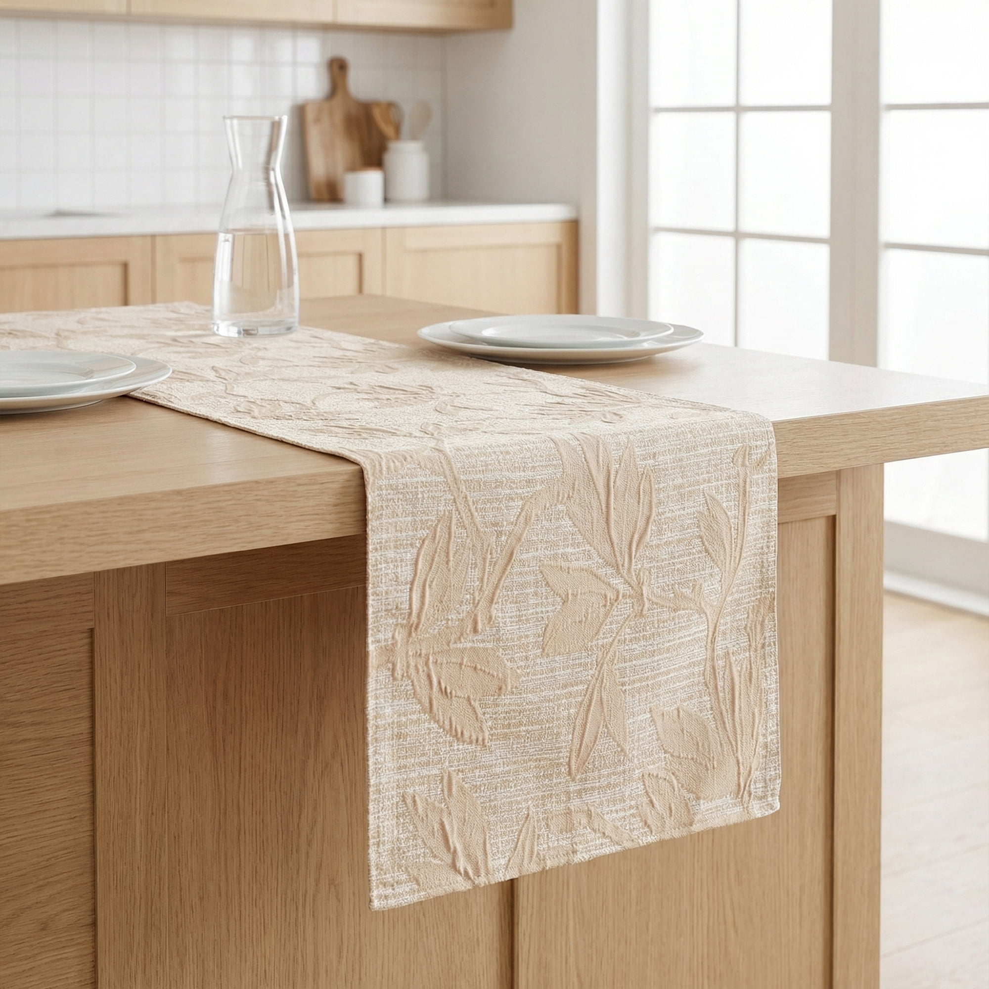 Unique Bargains Long Floral Polyester Table Runner for Kitchen Decor Beige 13.8"x70.9"