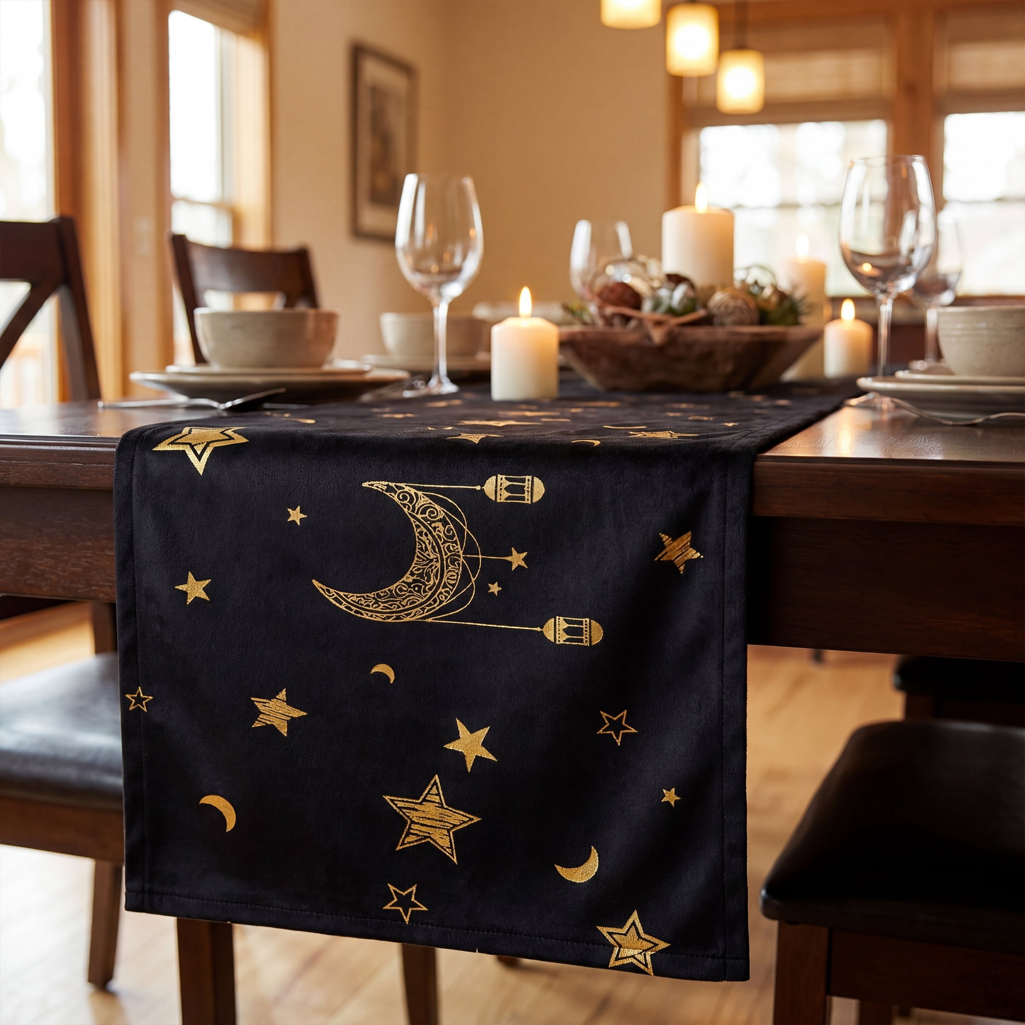 Unique Bargains Long Printed Polyester Table Runner for Decorations Black 13"x106.3"