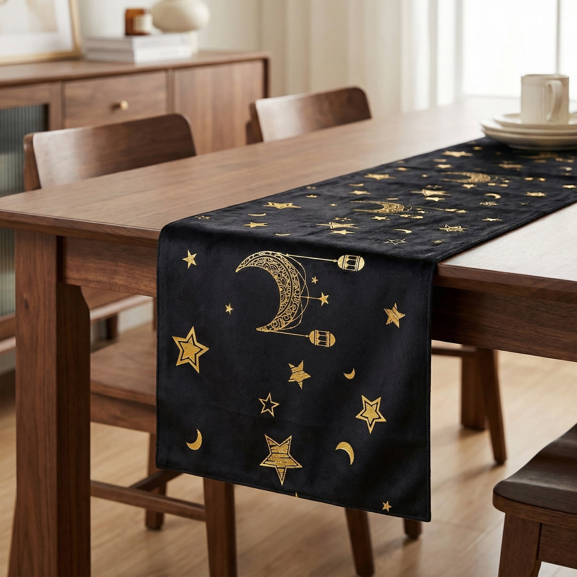 Unique Bargains Long Printed Polyester Table Runner for Decorations Black 13"x63"