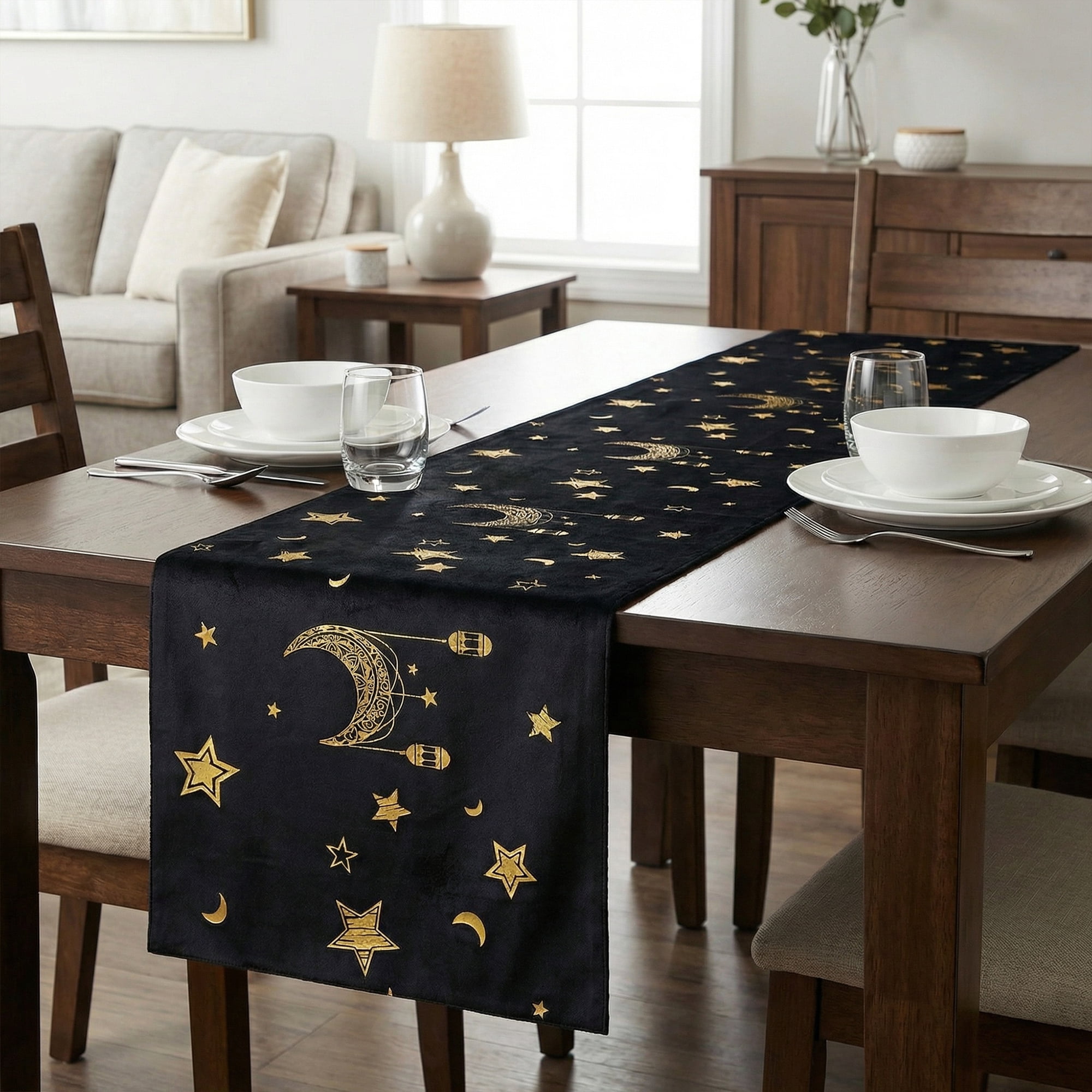 Unique Bargains Long Printed Polyester Table Runner for Decorations Black 13"x70.9"