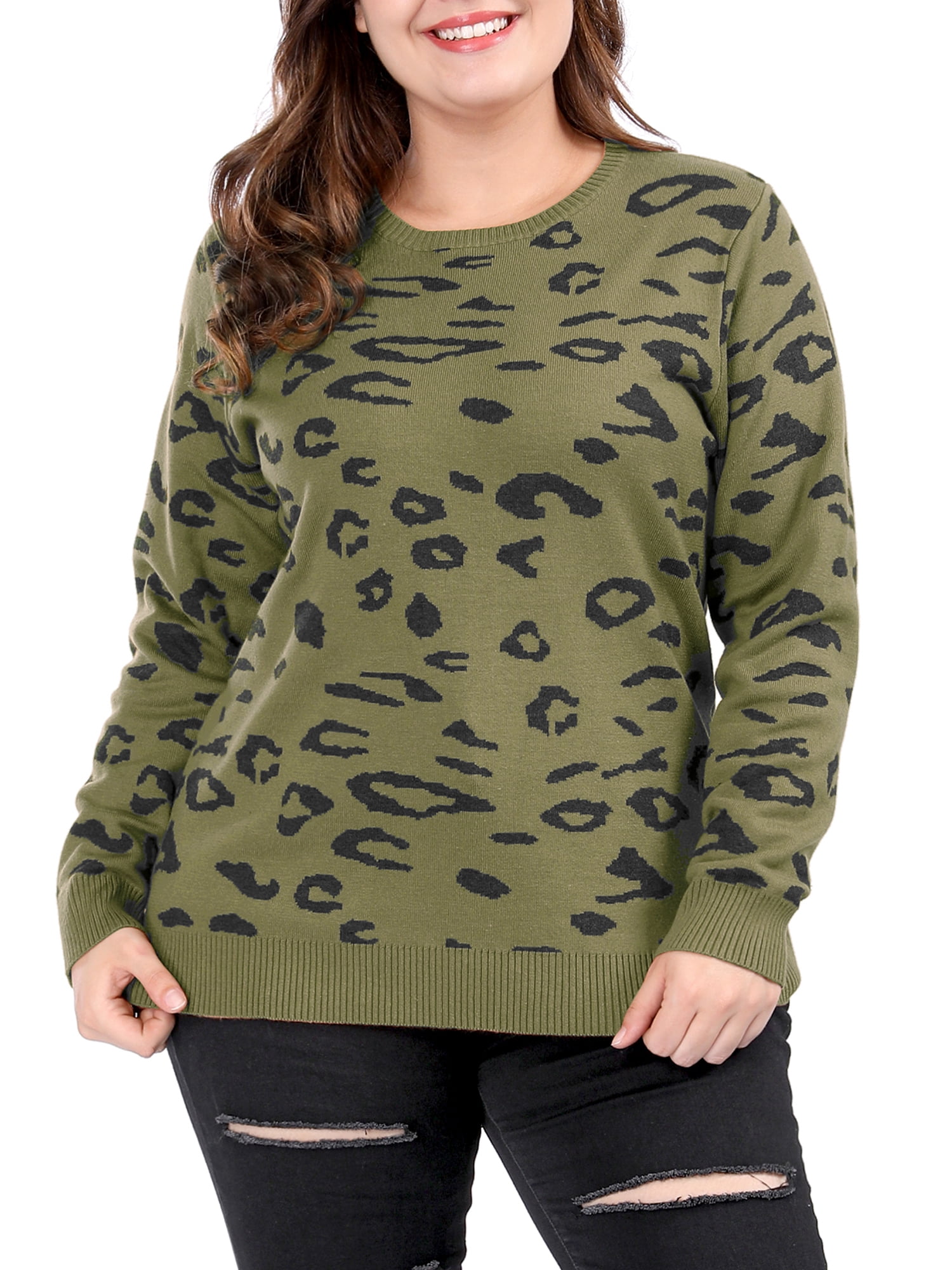 Women s Plus Size Crew Neck Long Sleeve Leopard Sweater Walmart