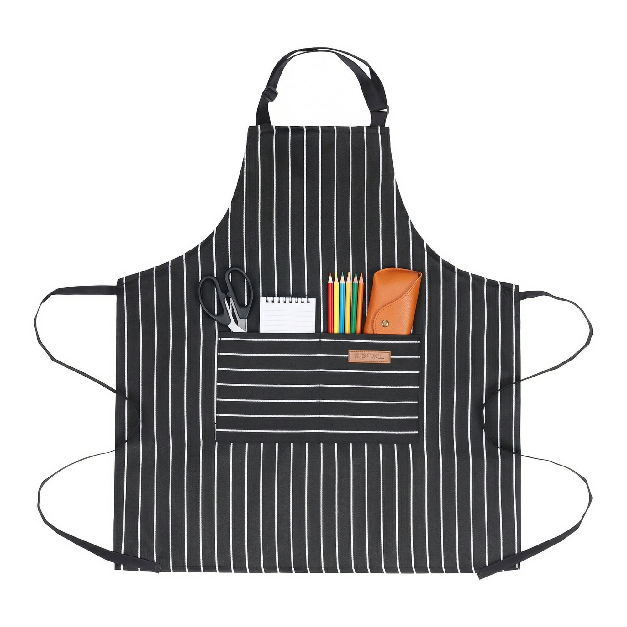 Unique Bargains Long Waist Polyester Cooking Apron 35.4" x 26.4" Black Wide Stripe