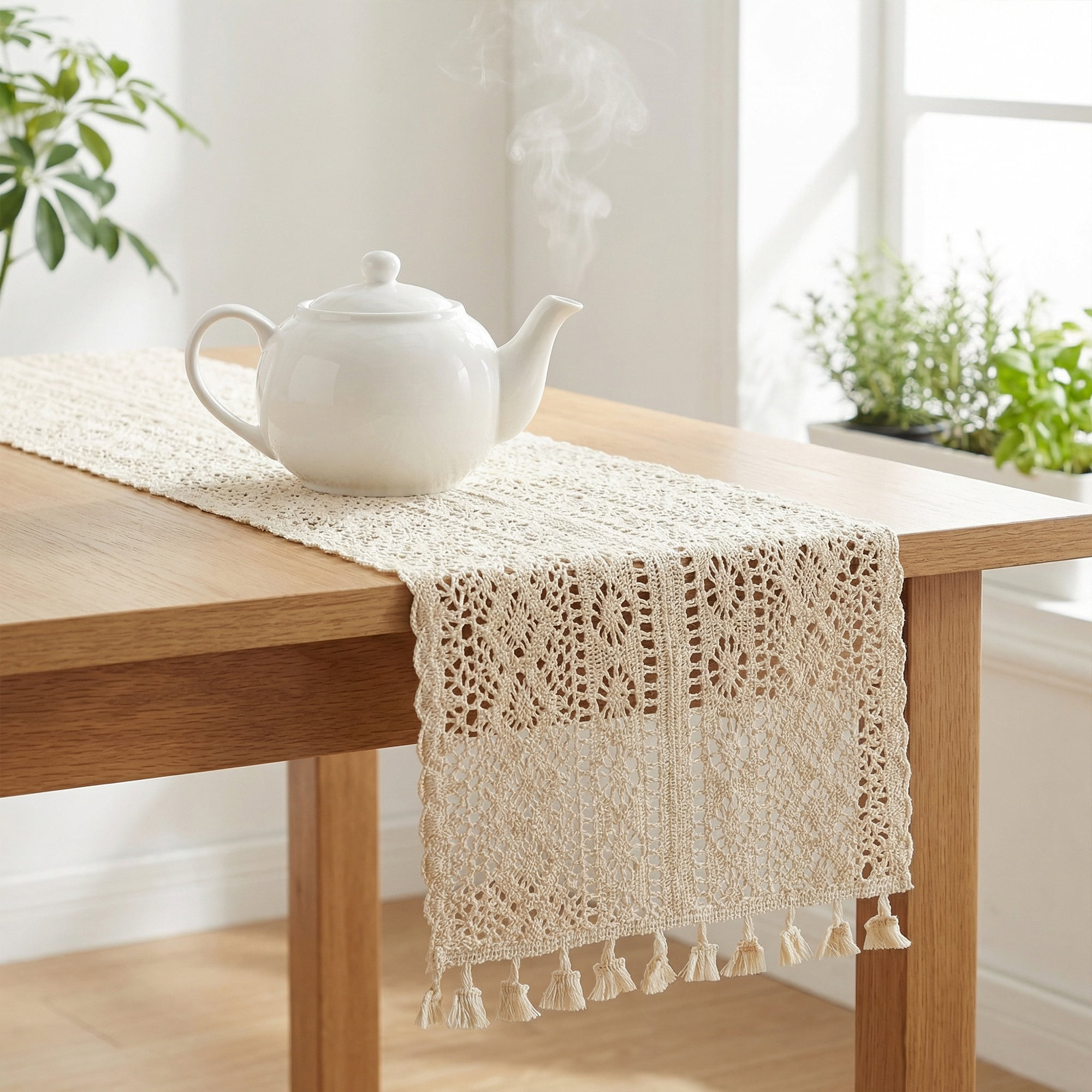 Unique Bargains Long Washable Cotton Kitchen Runner with Tassel Beige 70.9in