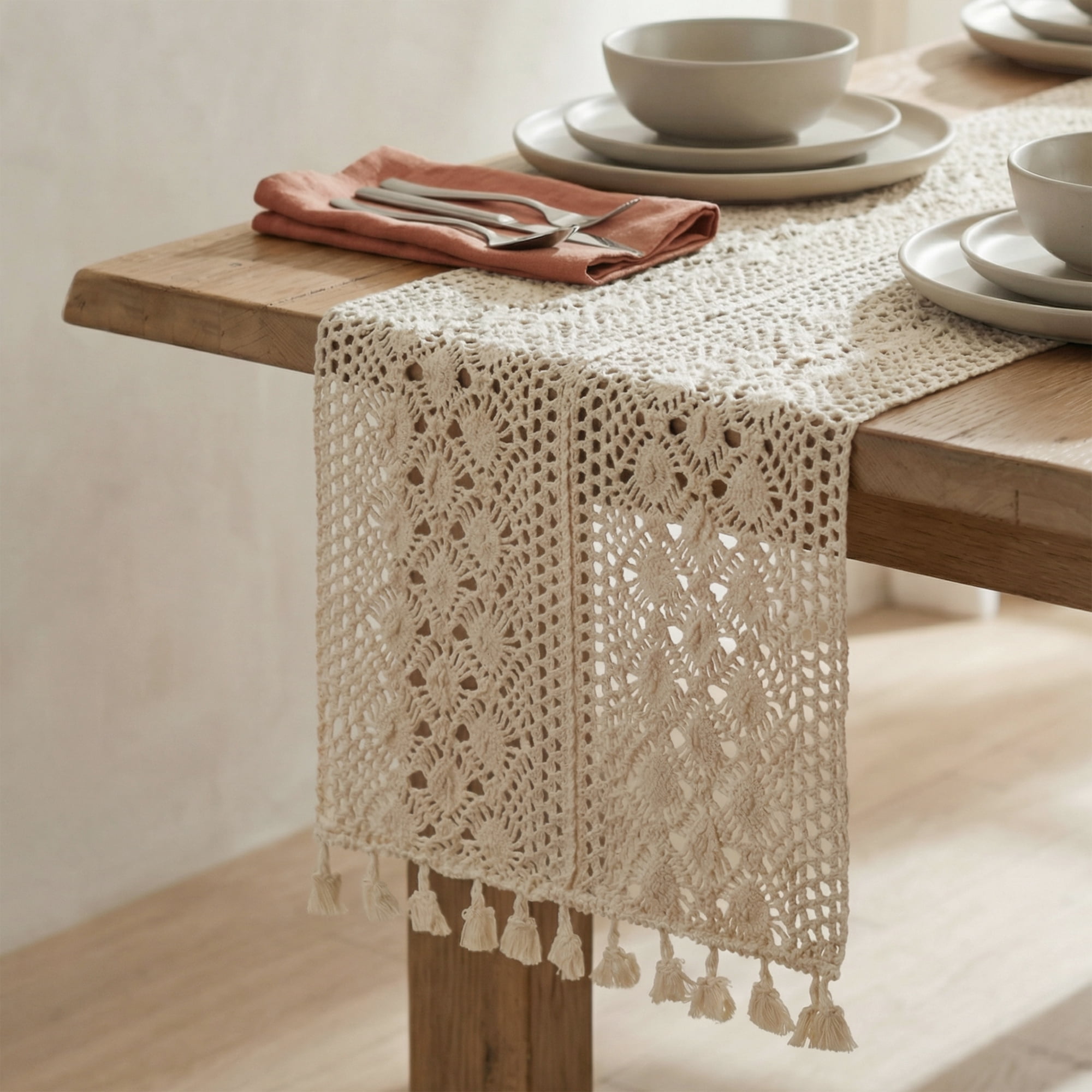 Unique Bargains Long Washable Cotton Kitchen Runner with Tassel Phoenix Tail Flower 63in