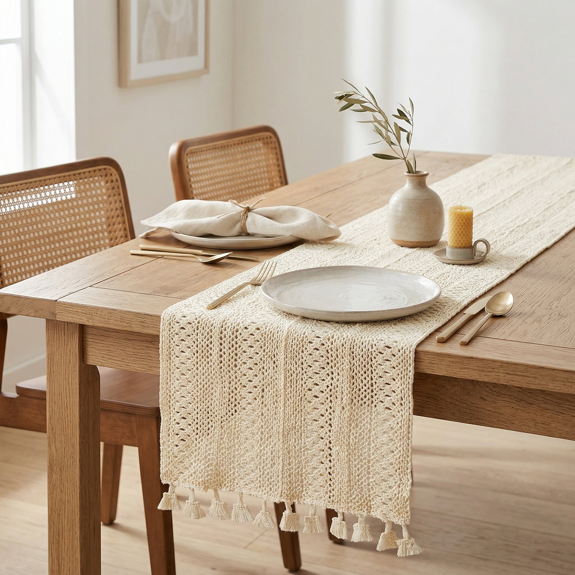 Unique Bargains Long Washable Cotton Kitchen Runner with Tassel Striped flower 63in